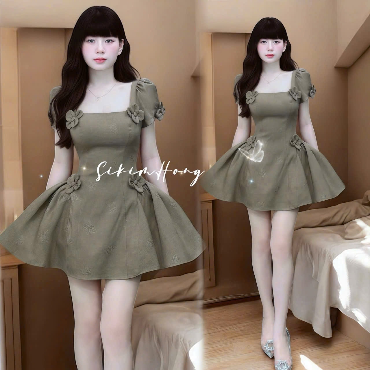 方領花朵貼花迷你連身裙  * 泡泡袖修身