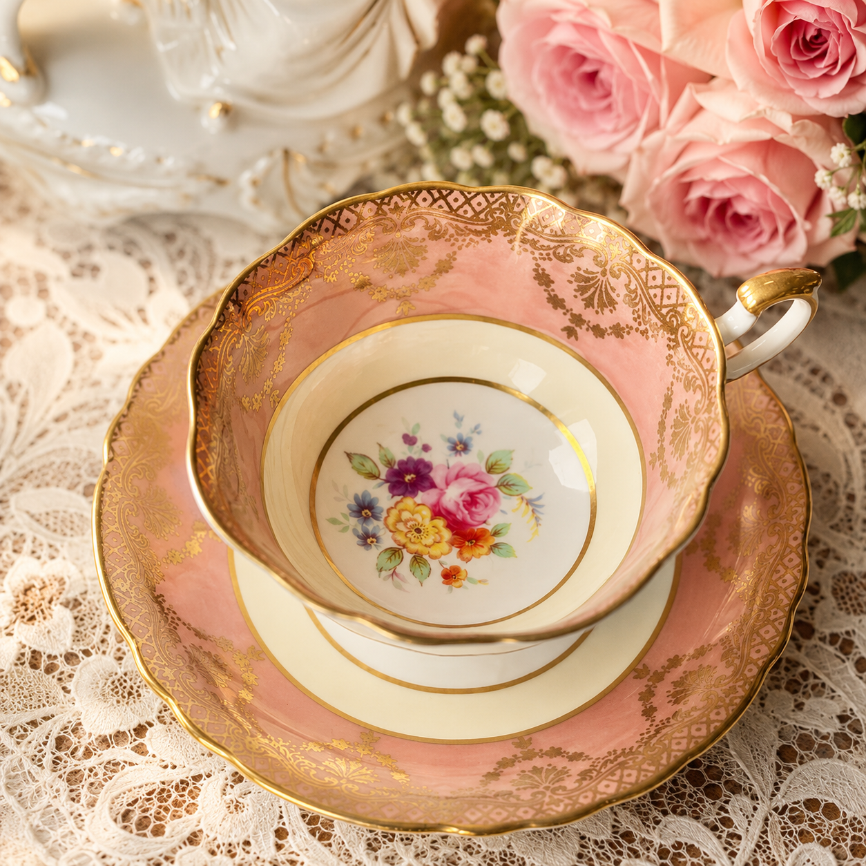 Vintage 1960s Paragon Made in England Bone China Soft Coral Teacup and Saucer Set - Tea Set Duo (MT1882)