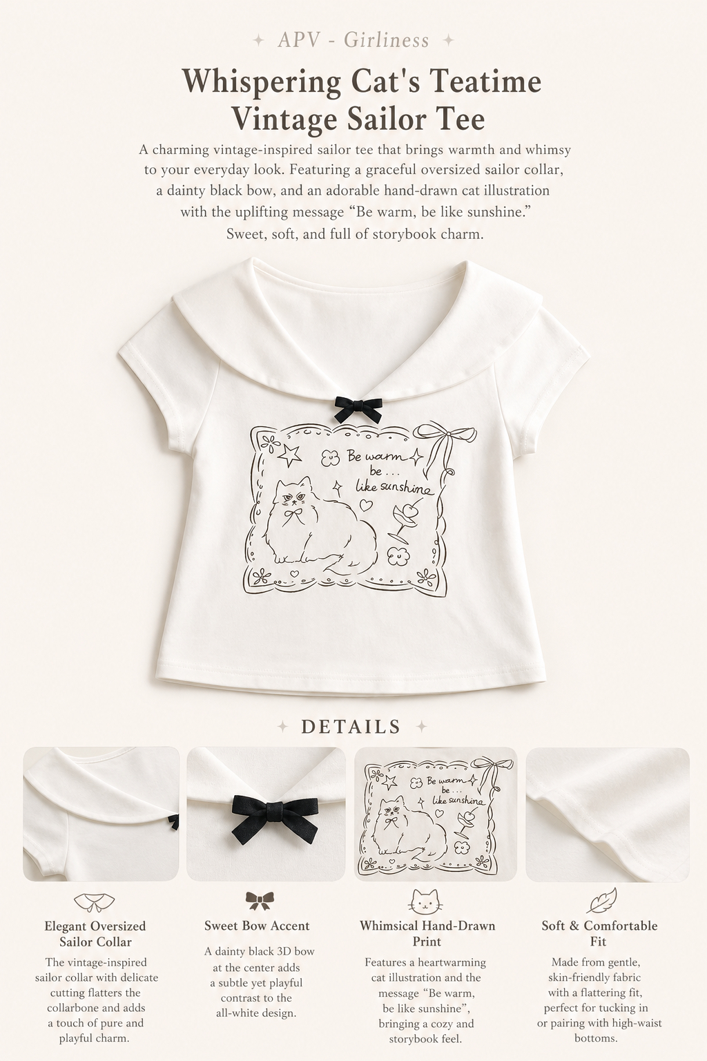 【APV Girliness 】貓咪的午茶童話蕾絲海軍領短袖 TEE Whispering Cat's Teatime Vintage Sailor Tee