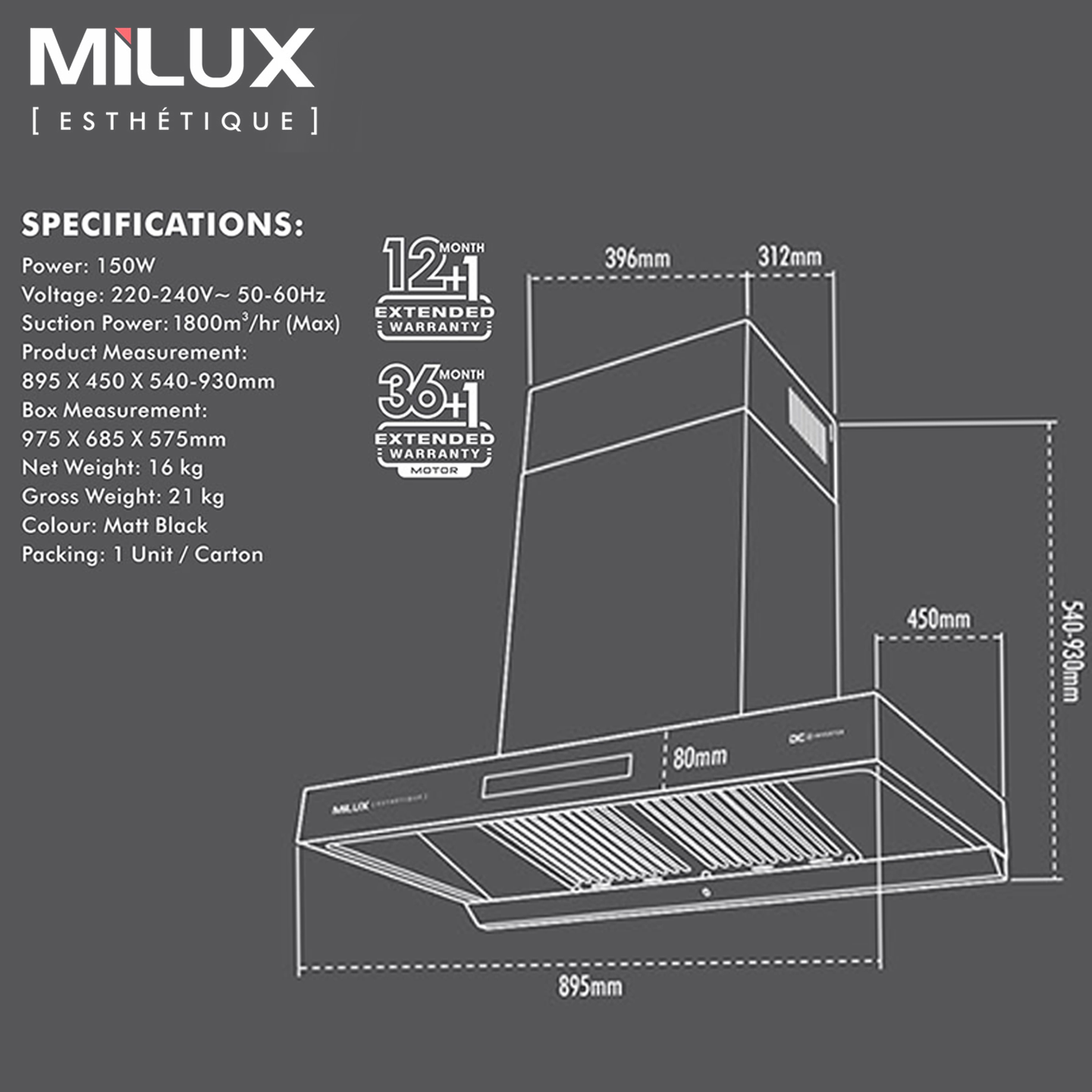 Milux 1500m³/hr Esthetique Chimney Hood (MHC-S9299)