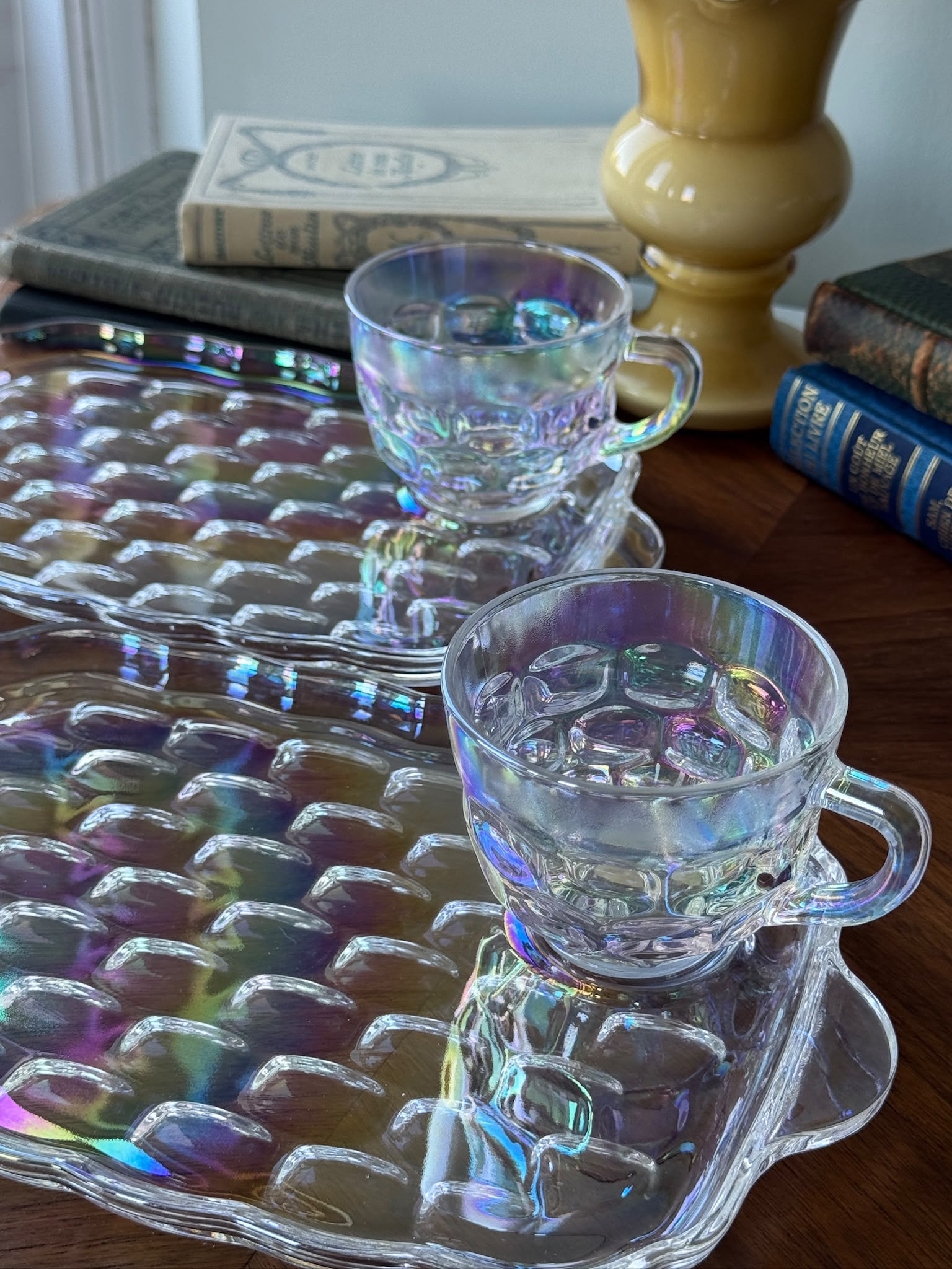Vintage C.a. 1960s USA Federal Glass Yorktown “Thumbprint” Iridescent Snack Set -2 Sets  (MT2641)