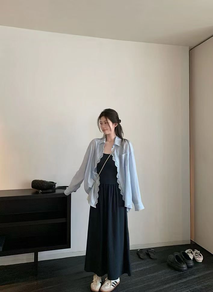 1753 Sheer Lace Shirt & Slip Dress Set Freesize法式蕾丝衬衫+吊带裙套装 