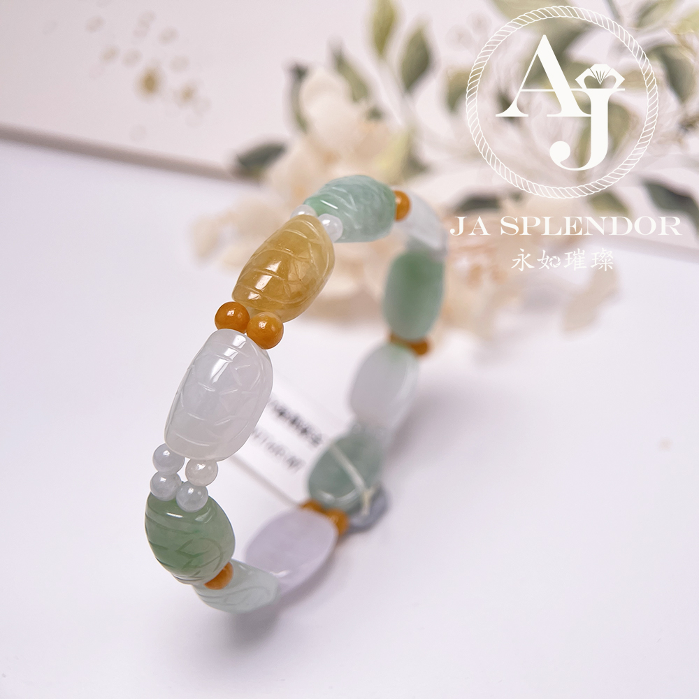 OF-06-A 天然翡翠A玉 - 冰潤三彩長壽吉祥龜貝手串