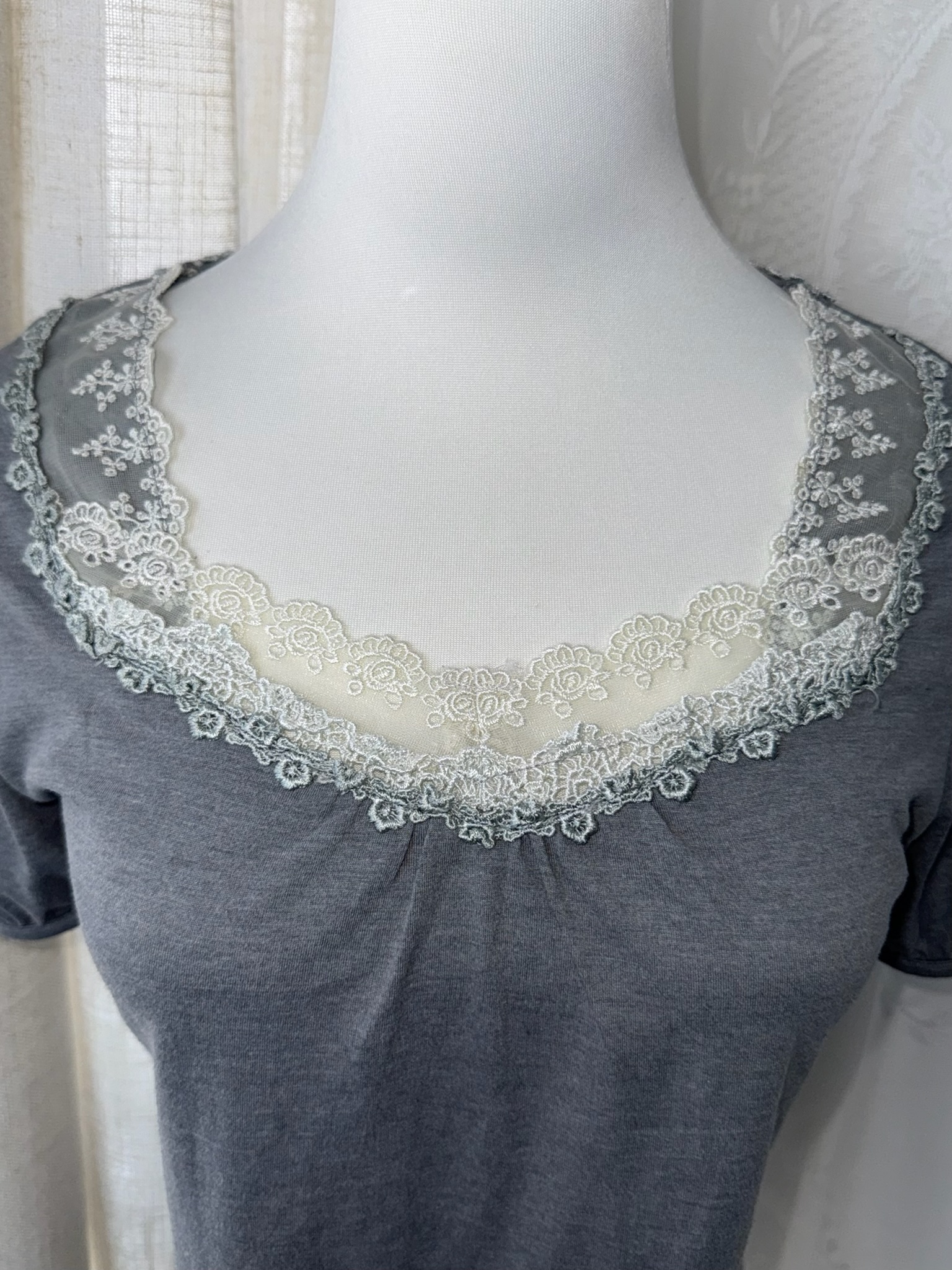 Axes Femme Grey Short Sleeve Top with Lace Neckline