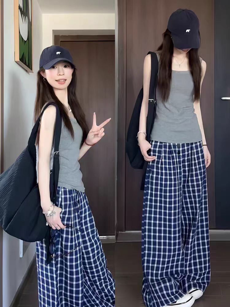 B217(5077) 韩系休闲慵懒风格纹松紧腰蓝直筒长裤