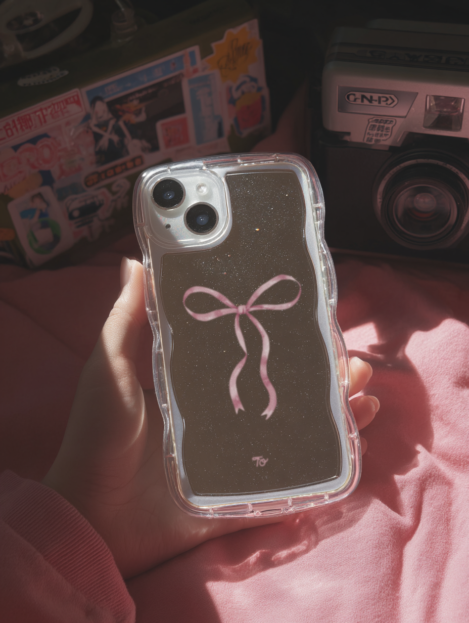 【Silky Pink Ribbon(L)】波浪邊框鏡面 iPhone Case