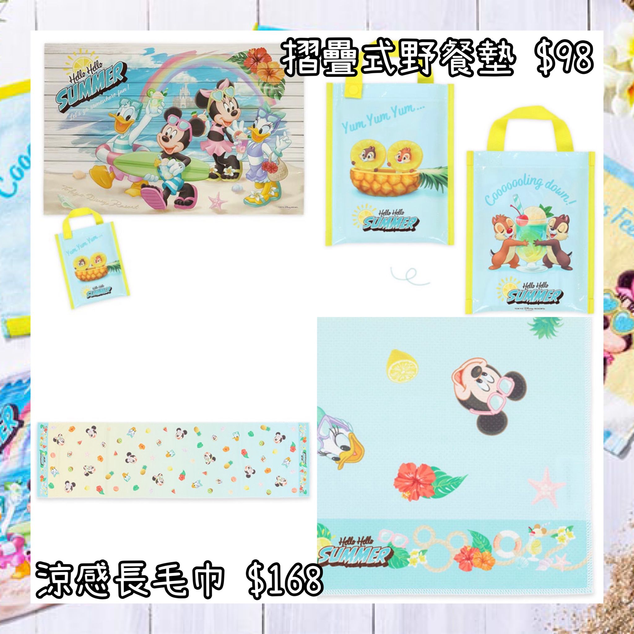 ：日本：DISNEYLAND園區產品HELLO HELLO SUMMER! 11/6 日本發賣 摺疊式野餐墊 涼感長毛巾