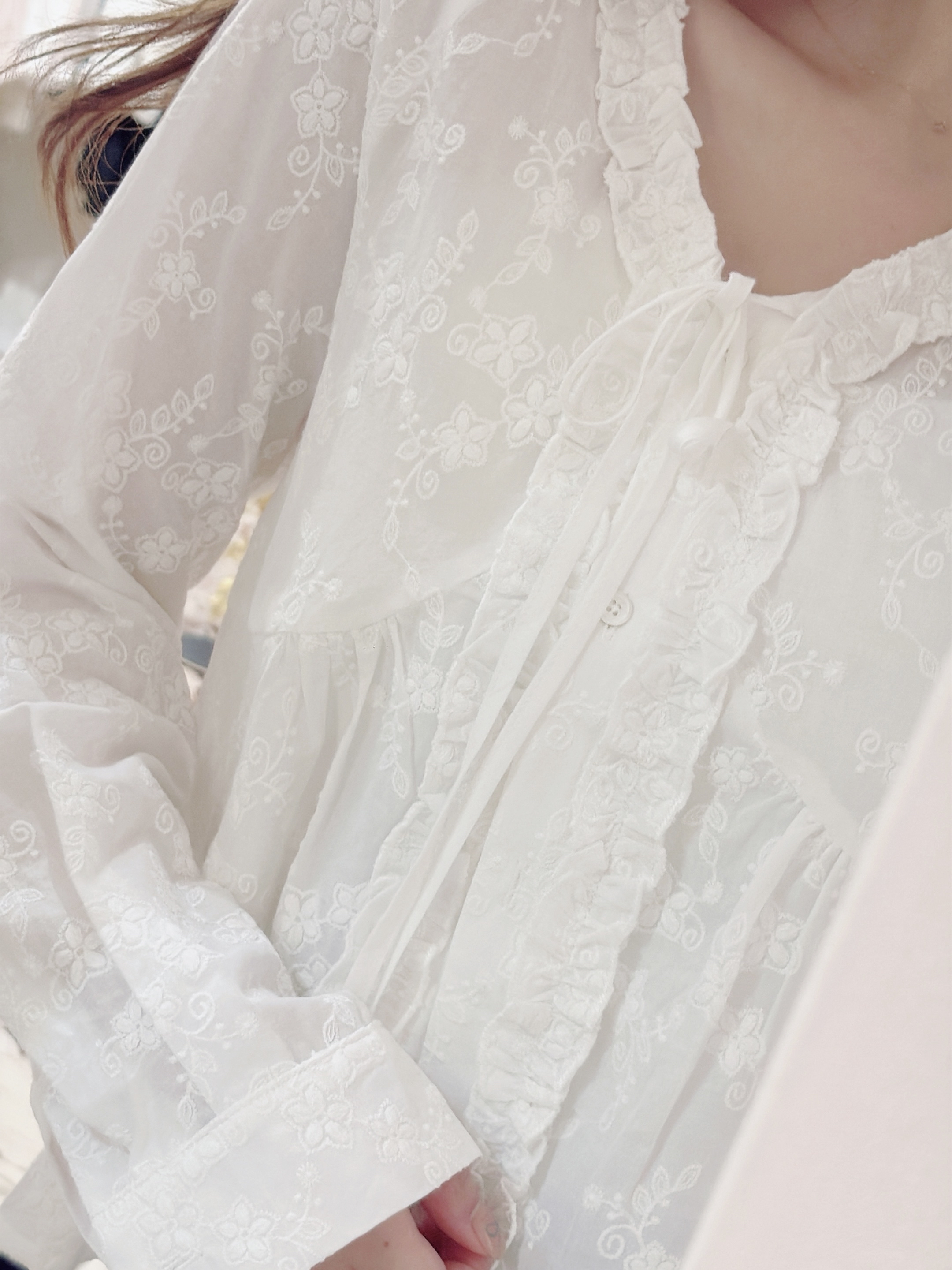 Embroidered Ruffle Blouse with Ribbon