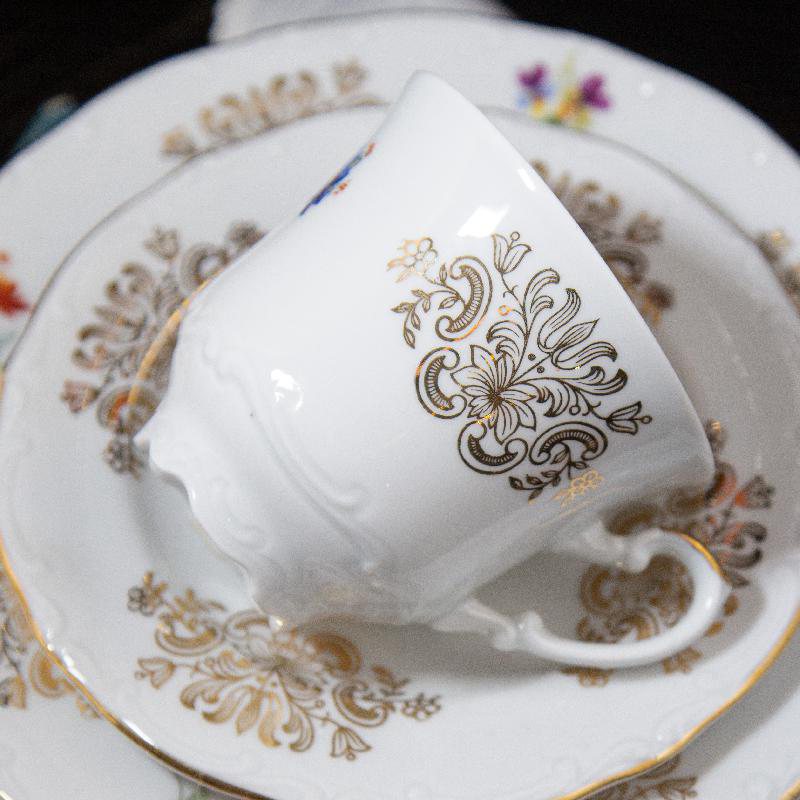 C.a. 1960s Bavarian Johann Seltmann Sophisticated Colour & Gold Gilt Floral Pattern Tea Set (CC052)