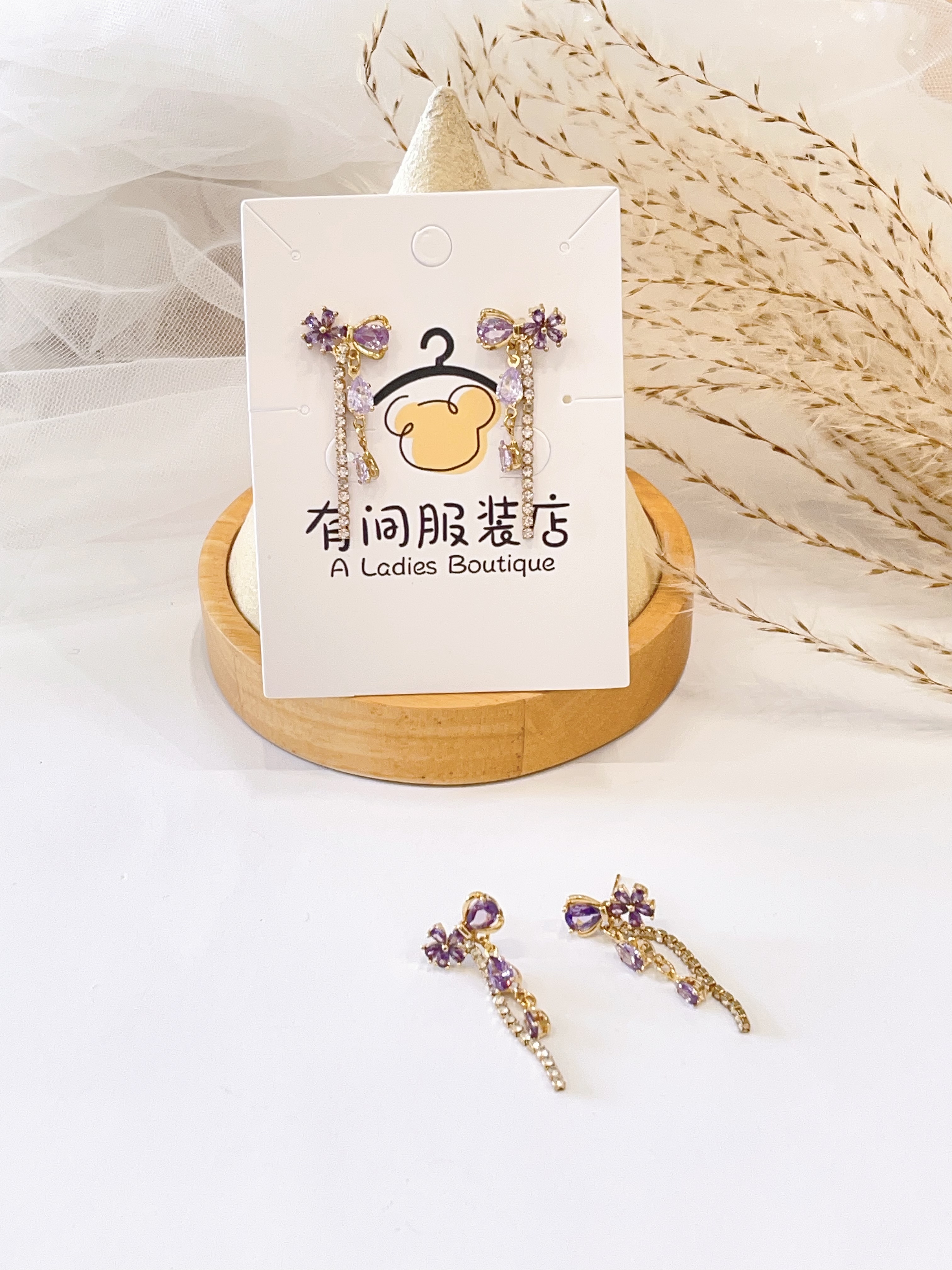 紫色控~! 紫色锆石蝴蝶结小花耳环