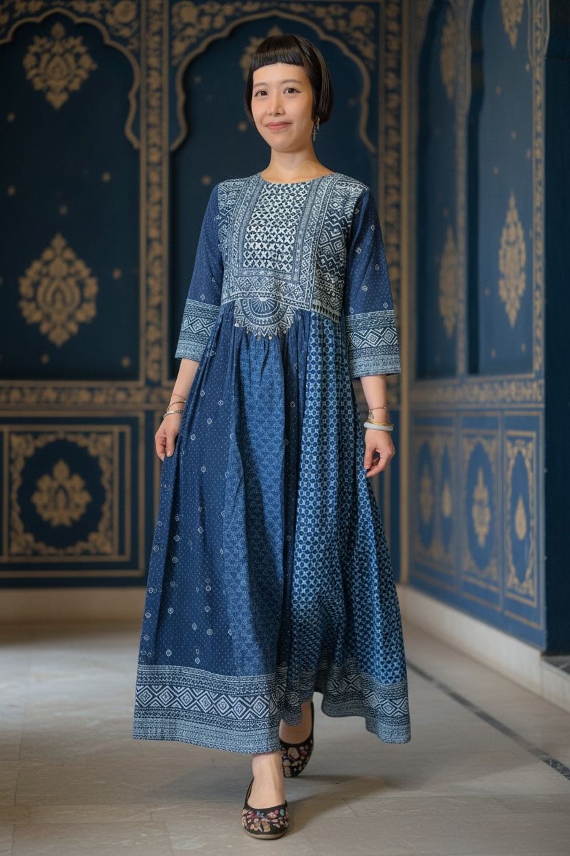 1634 White x Blue Block Print OP