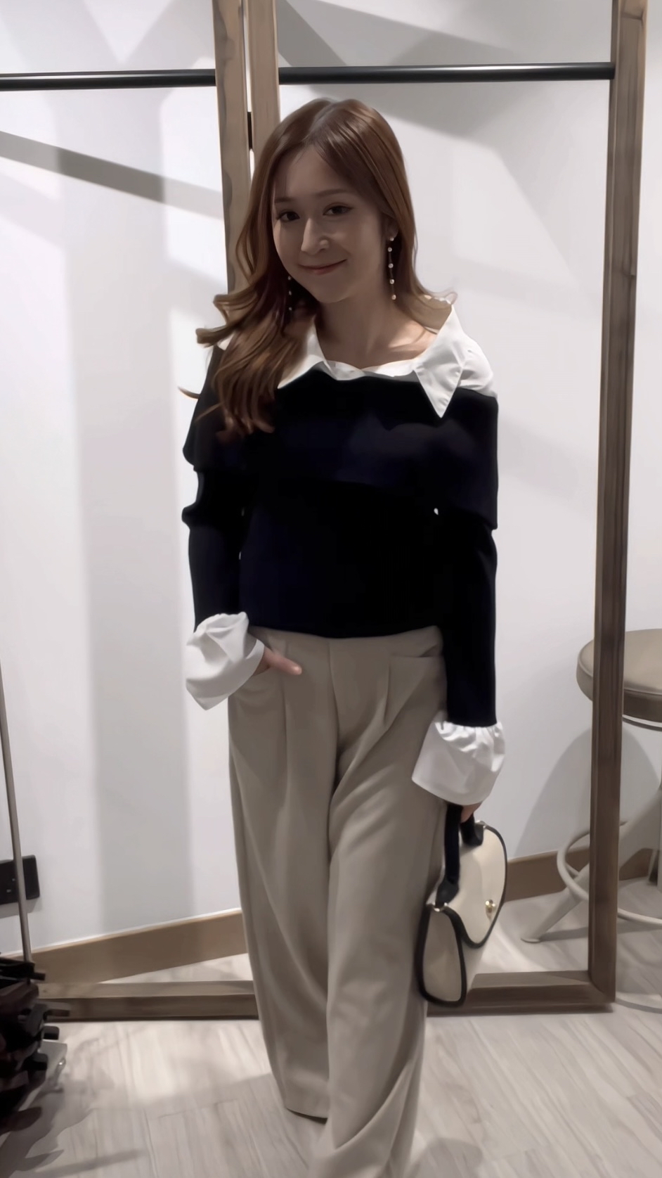 假兩件針織拼色恤衫(JP)[黑色]309508