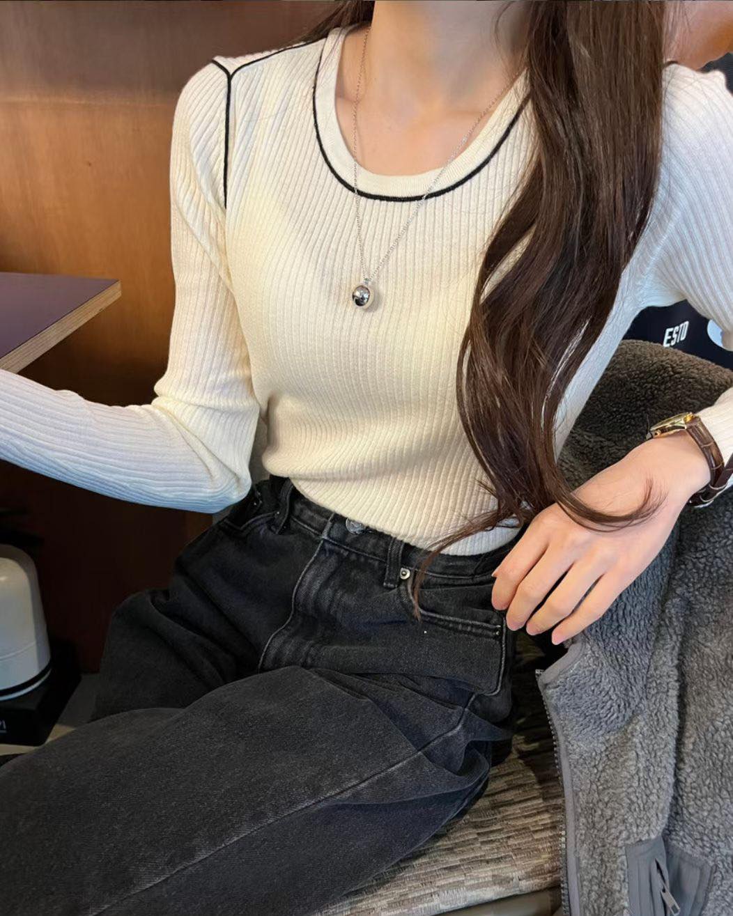 拼色線邊針織Top