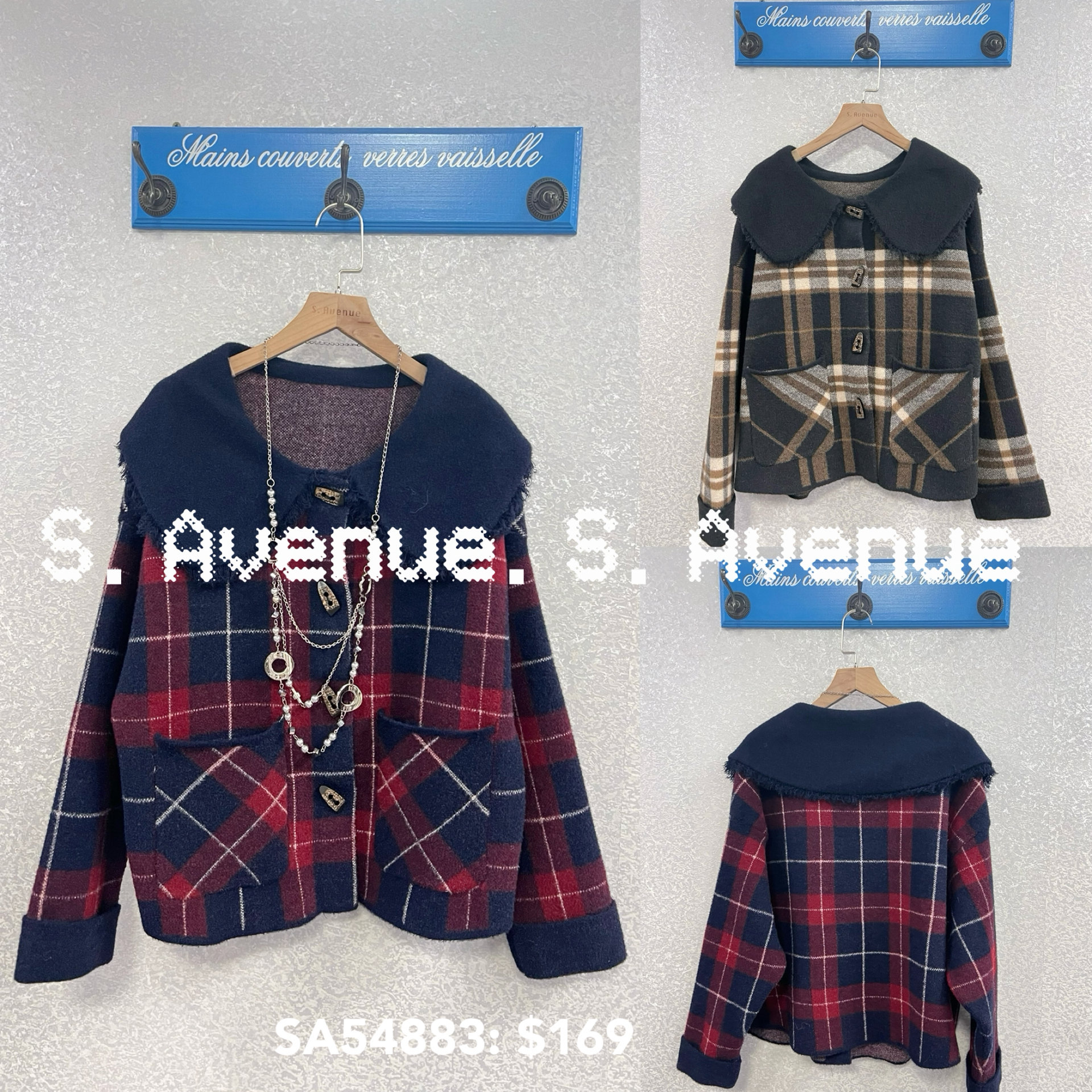 SA54883: 長袖撞色領格仔褸