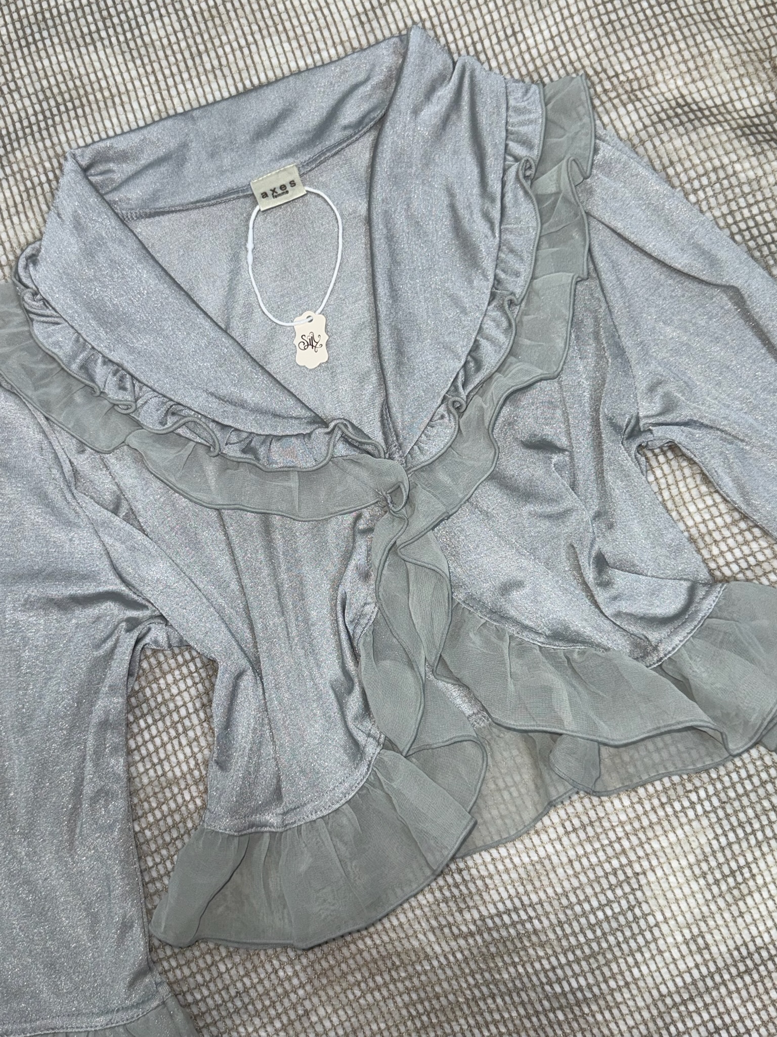 Axes Femme Blue Metallic Flounce Crop Cardigan