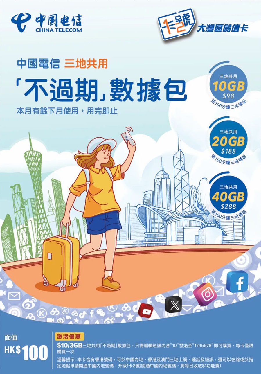 📬限時包平郵📬🔥中國電信香港「不過期數據包」儲值卡 中港澳三地共用 可開通實體一卡兩號 滴滴 美團 大眾點評 中國移動 聯通 一小時生活圈 大灣區 香港 澳門 港車北上 實體大陸門號