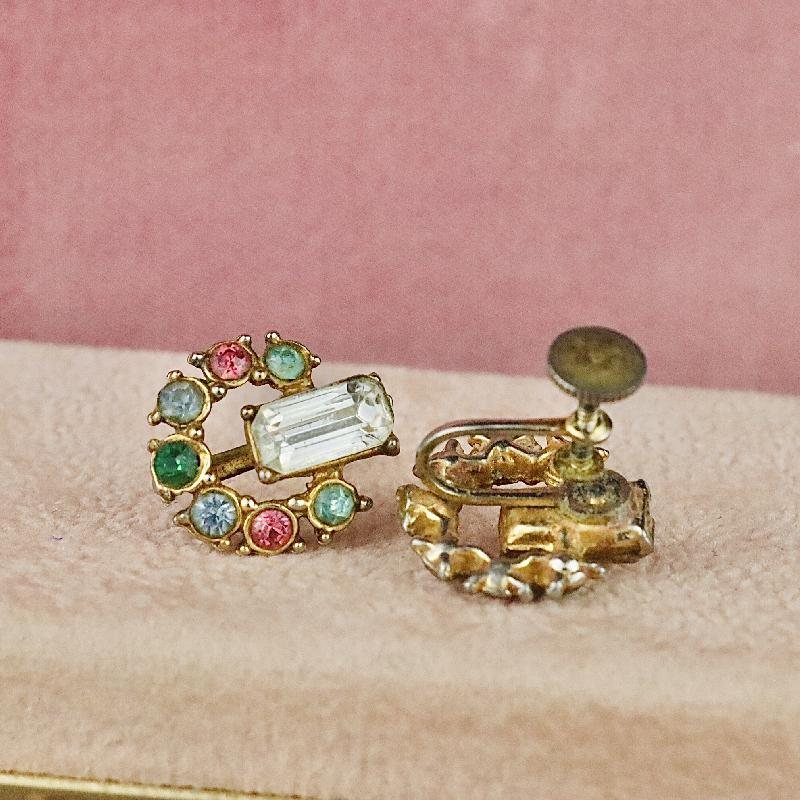 Vintage C.a. 1950s Colourfully Bejeweled Horseshoe Shape with Baguette Stone Screwback Earrings(MT1447-12)
