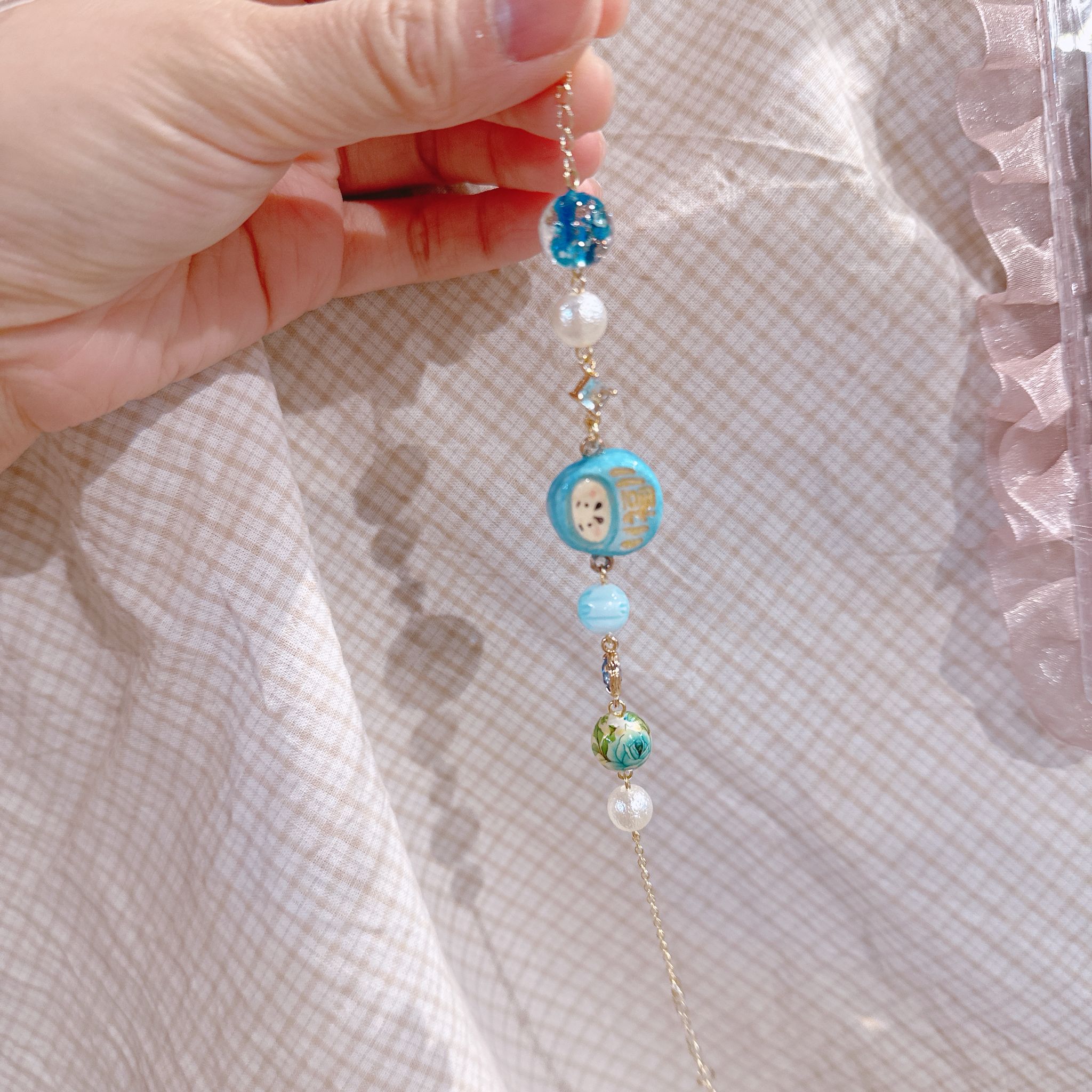 14K包金 手繪粉藍達摩 鋯石 玻璃珠 手鏈