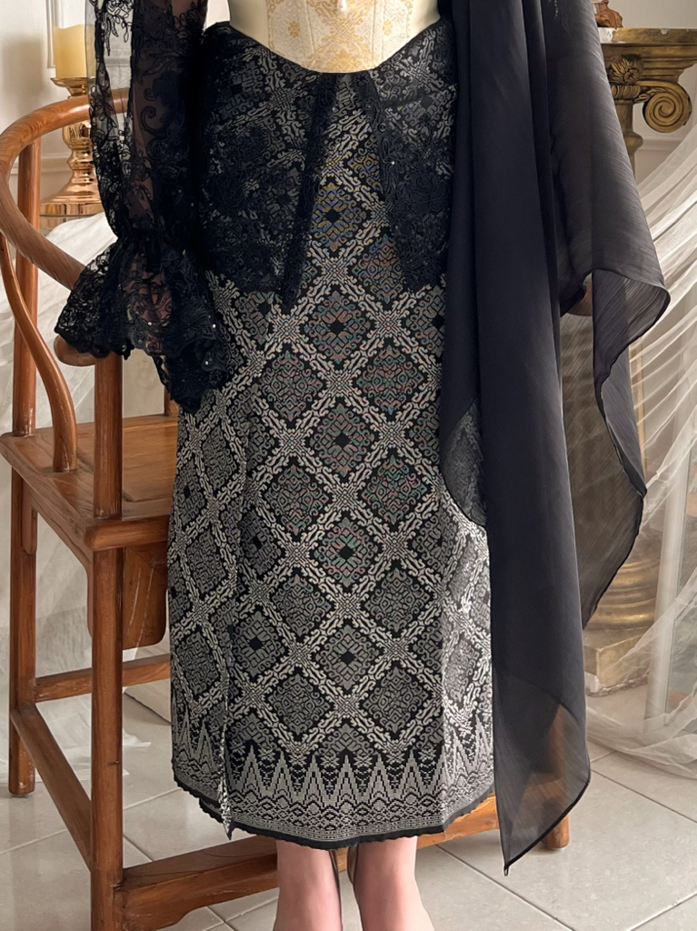 Songket Underbust Corset in Crème and Pareo Skirt in Black with Angel Blouse in Black