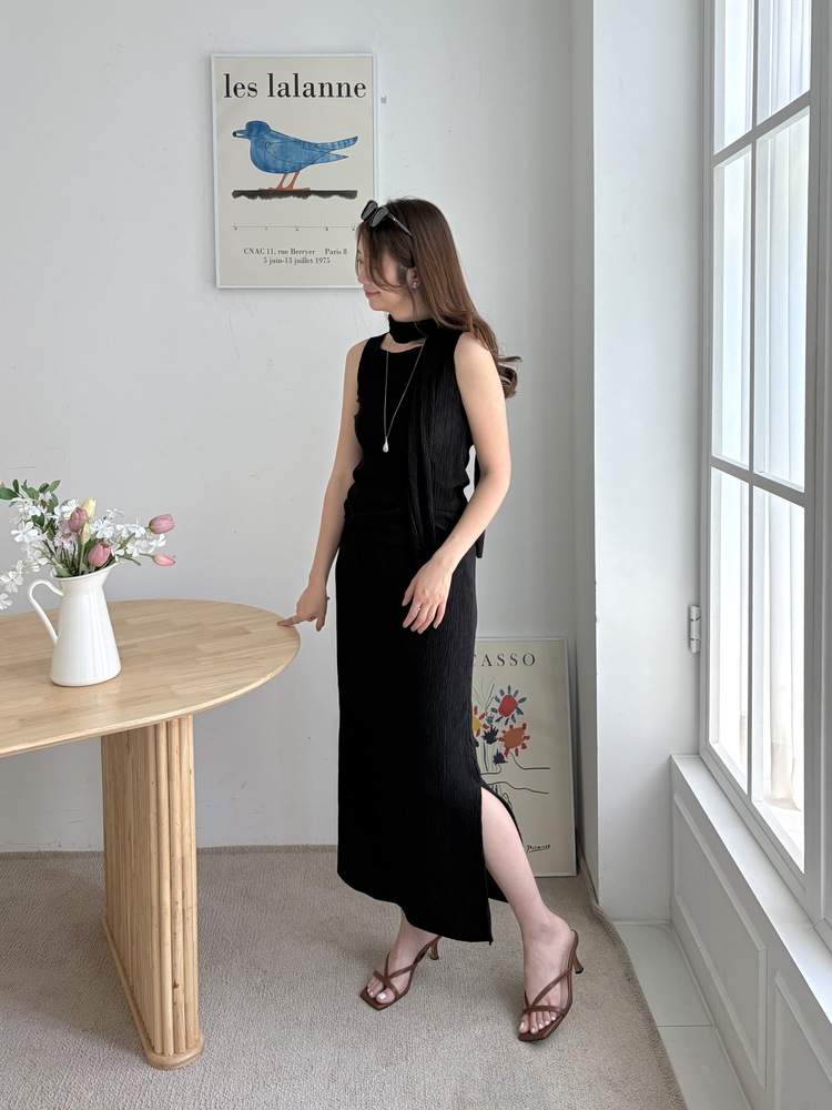 Summer Pleated Scarf Set (Black)