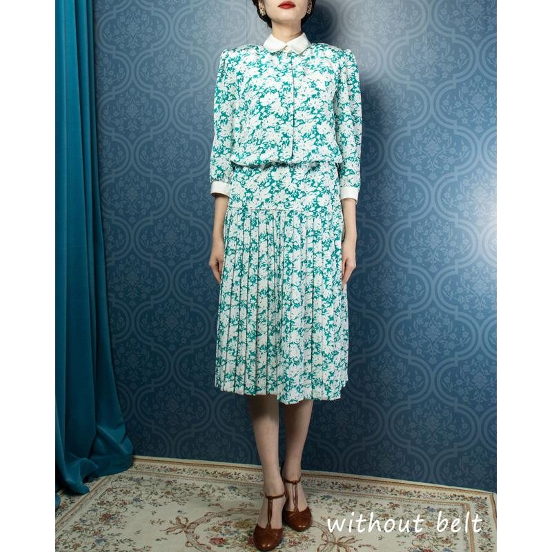 Vintage Lori Ann C.a. 1980s Leafy Pattern Low Waist Pleated Day Dress (MU103-19)