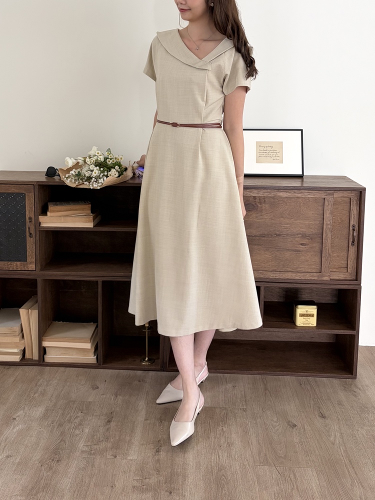 Sailor Collar Belted Dress (Beige)