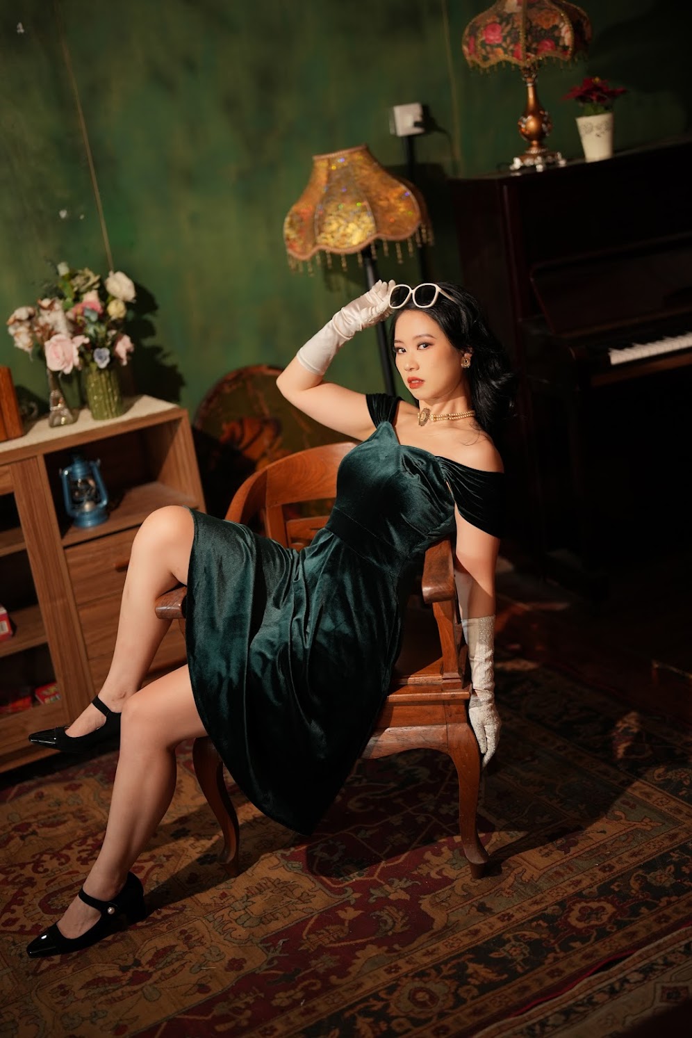 (Last M) Jewel Velvet Collection - On & Off Shoulder Evening Dress - Emerald Green (FM203)