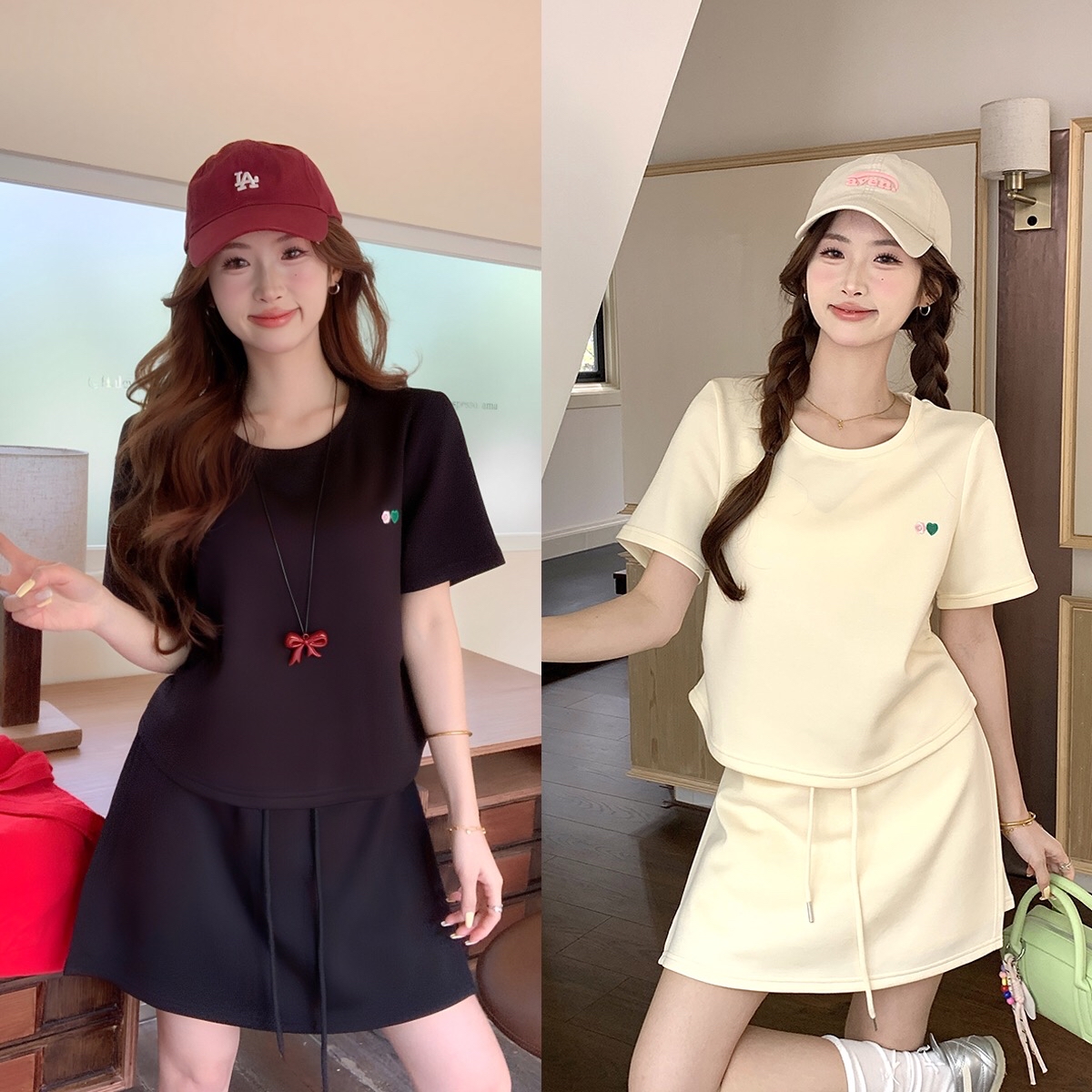 B113(64231) 韩版休闲风小爱心刺绣上衣与双边开角短裙黑黄套装 