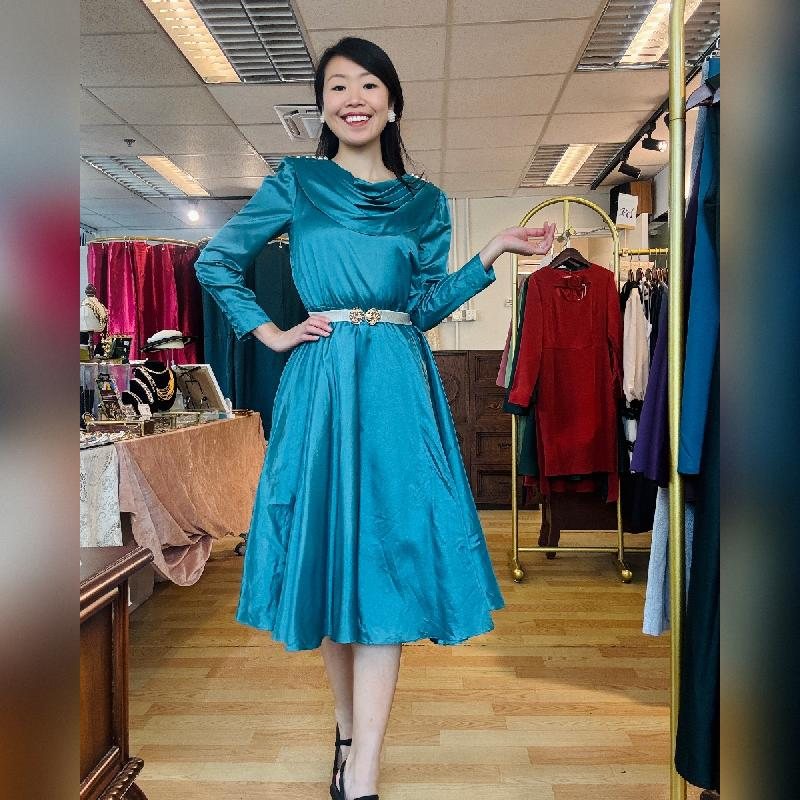 Vintage Japanese Turquoise Blue with Pearl Accent Cocktail Dress (MT2260-27)