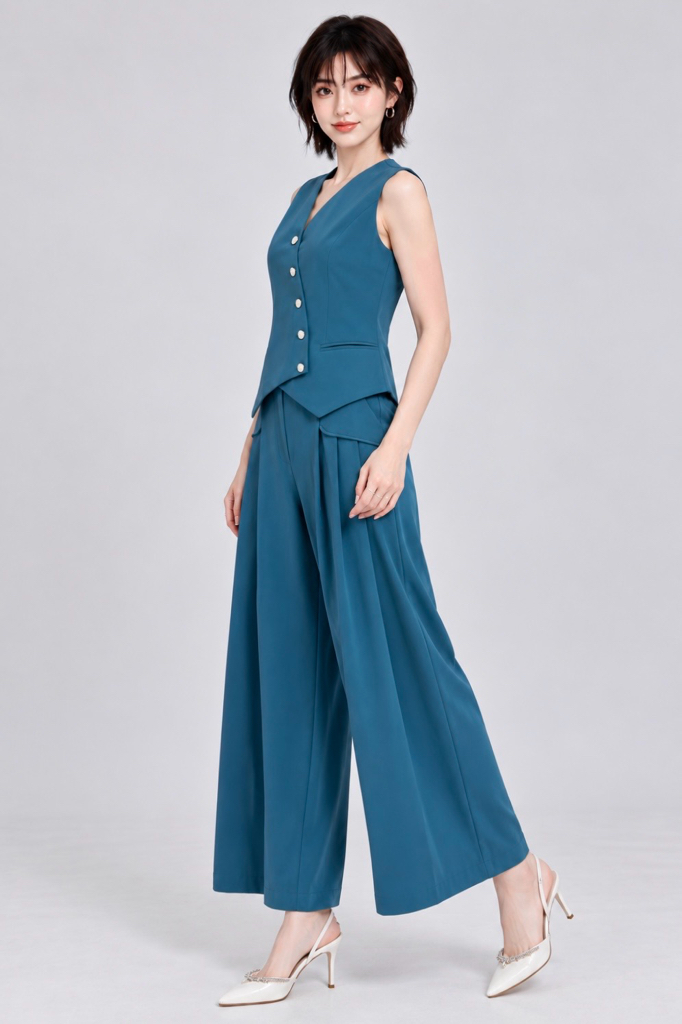 210603+210603-1 Asymmetric Button Vest & Wide-Leg Pants Set
