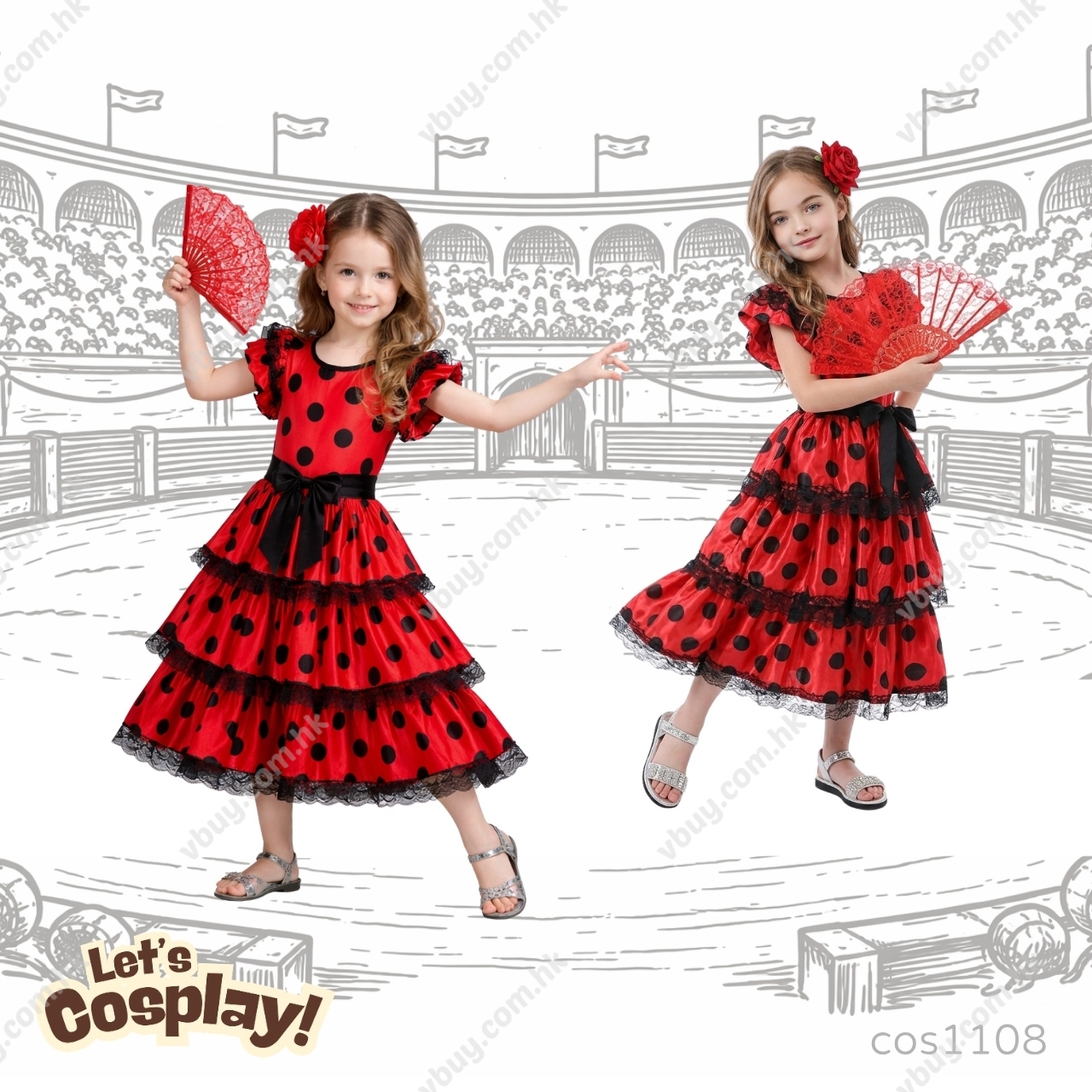 Lets Cosplay 西班牙舞裙 女童西班牙服裝 Spanish Flamenco Dress 國際文化日服裝 International Day Costume（cos1108）
