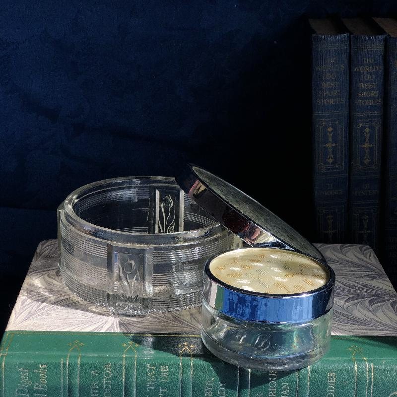1950s Made in Canada Jacquard Fabric Glass Vanity Set/Powder& Cream Box Set of 2 (MT1055)