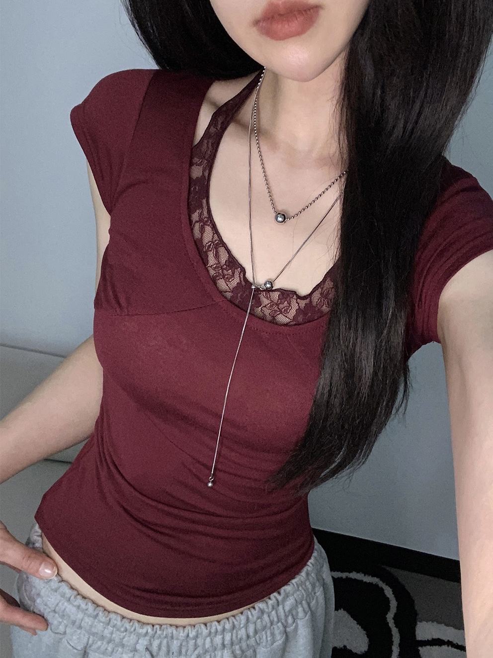 Lace-Trim Halter Layered Top