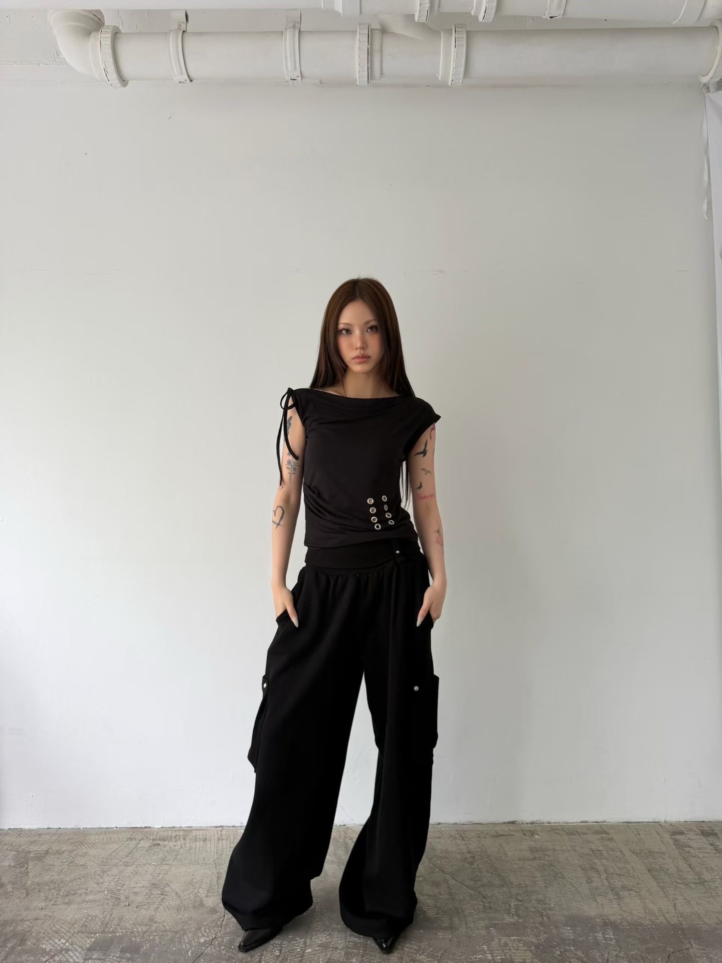 Asymmetric Eyelet Lace-Up Top