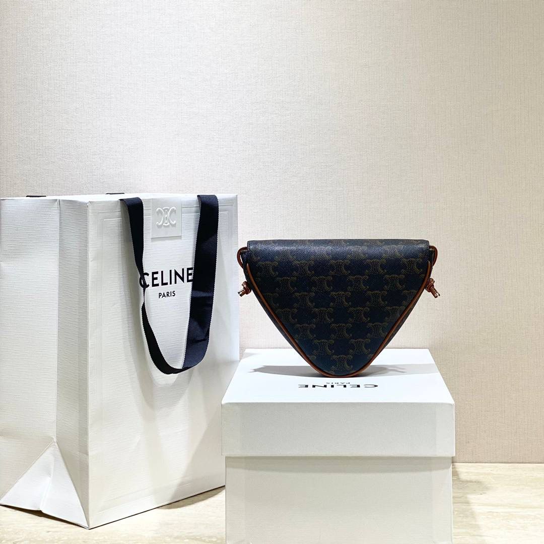 🔥大货实拍图 𝗖𝗘𝗟𝗜𝗡𝗘 ♥ 𝗧𝗥𝗜𝗢𝗠𝗣𝗛𝗘 𝗖𝗔𝗡𝗩𝗔𝗦 三角形手袋 𝑪𝒆𝒍𝒊𝒏𝒆2021春夏竟出其不意的玩起了异形包，三角形造型很是别致，彰显不羁姿态，男女同款，吸晴选手✔ 型号：195902 尺寸：21*15*4cm