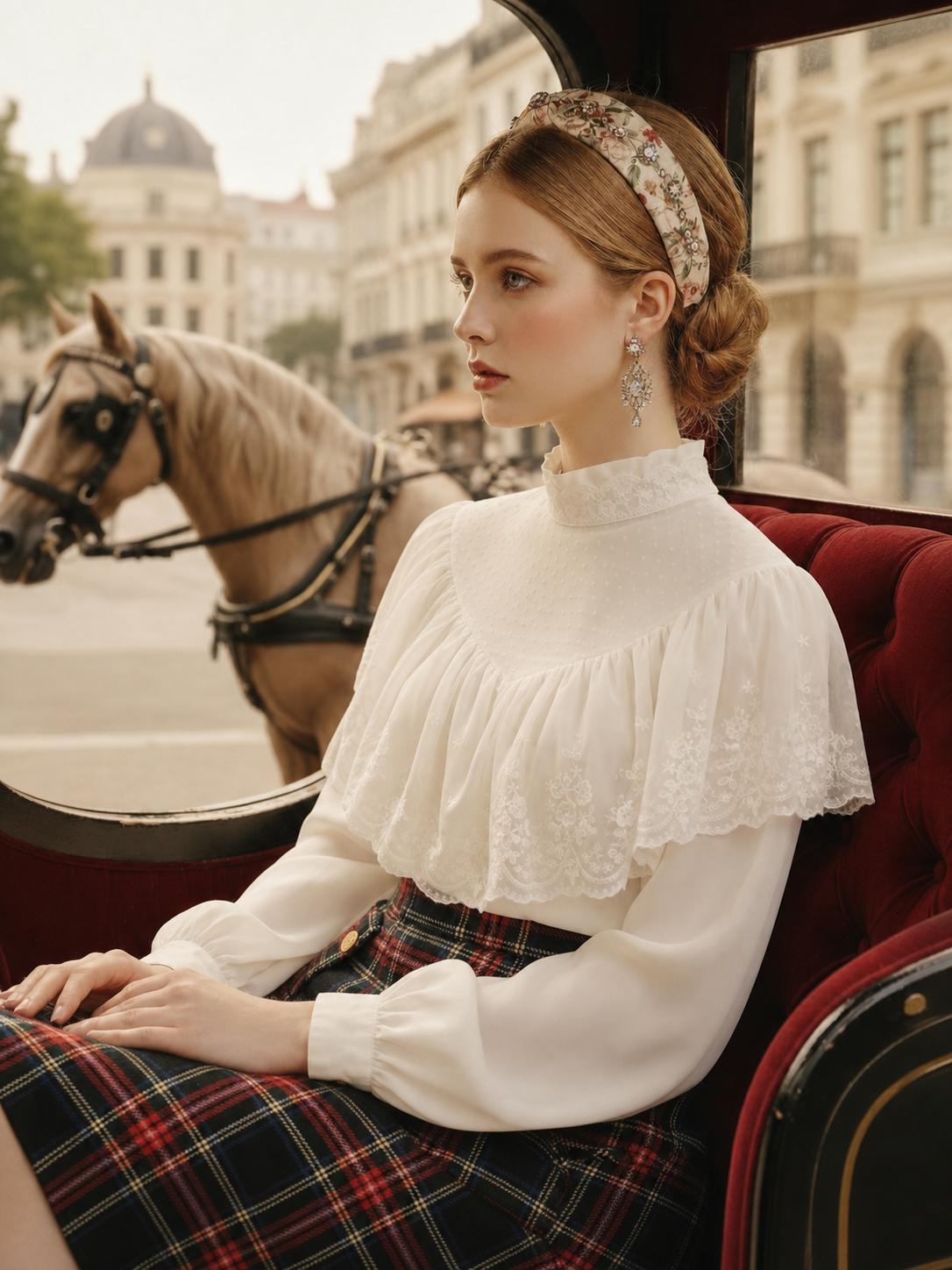 英倫學院的午茶約會 ∙ 金扣格紋復古鉛筆裙 British Academy Teatime ∙ Golden Button Plaid Vintage Pencil Skirt / 公主堡壘晨光朝露蕾絲襯衫Princess Fortress Lace Serenade Blouse