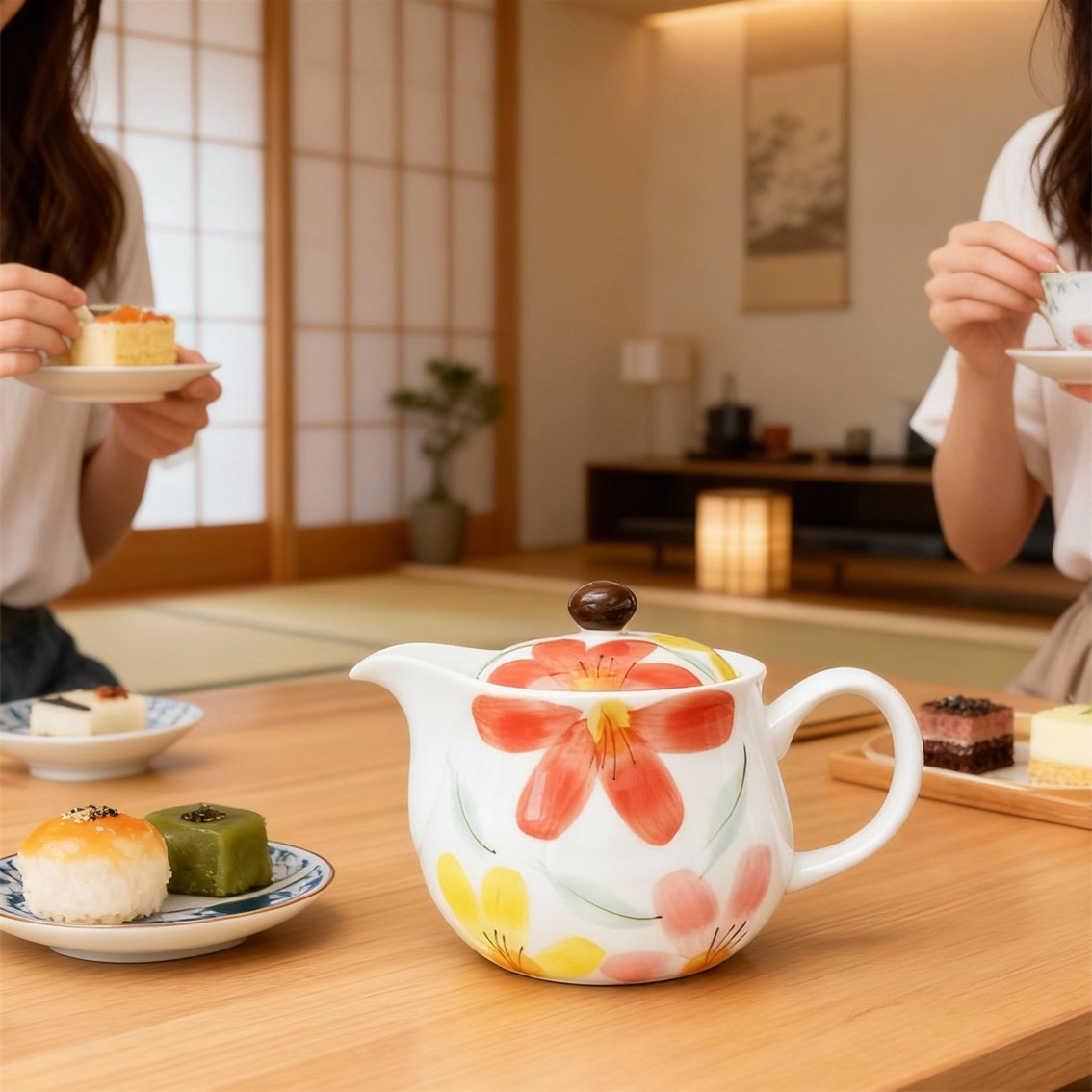 【日本製】美濃燒陶瓷手繪大紅花蛋型茶壺 (520ml)