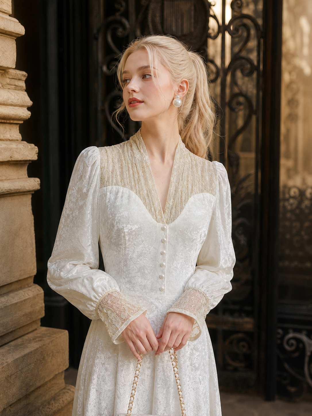 月光下的維多利亞 ∙ 維多利亞復古蕾絲拼接絲絨禮服 Moonlit Victorian Serenade ∙ Vintage Lace-Panel Velvet Gown