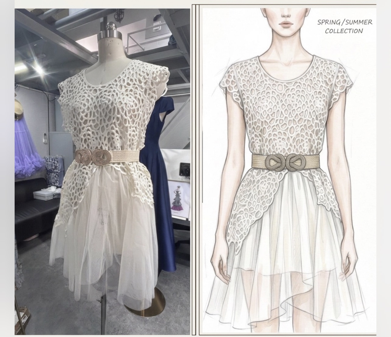 優雅蕾絲拼接蓬蓬裙洋裝（腰帶另行購買）