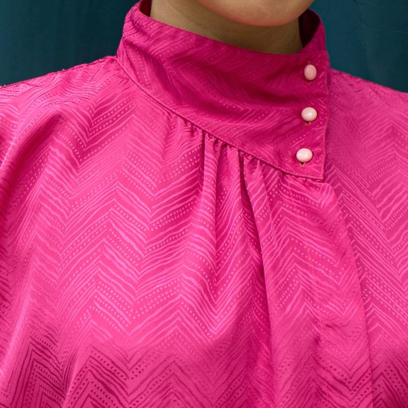 Vintage 1980s French Fuchsia Pink Asymmetric Collar Long Sleeve Blouse (MT1604-3)