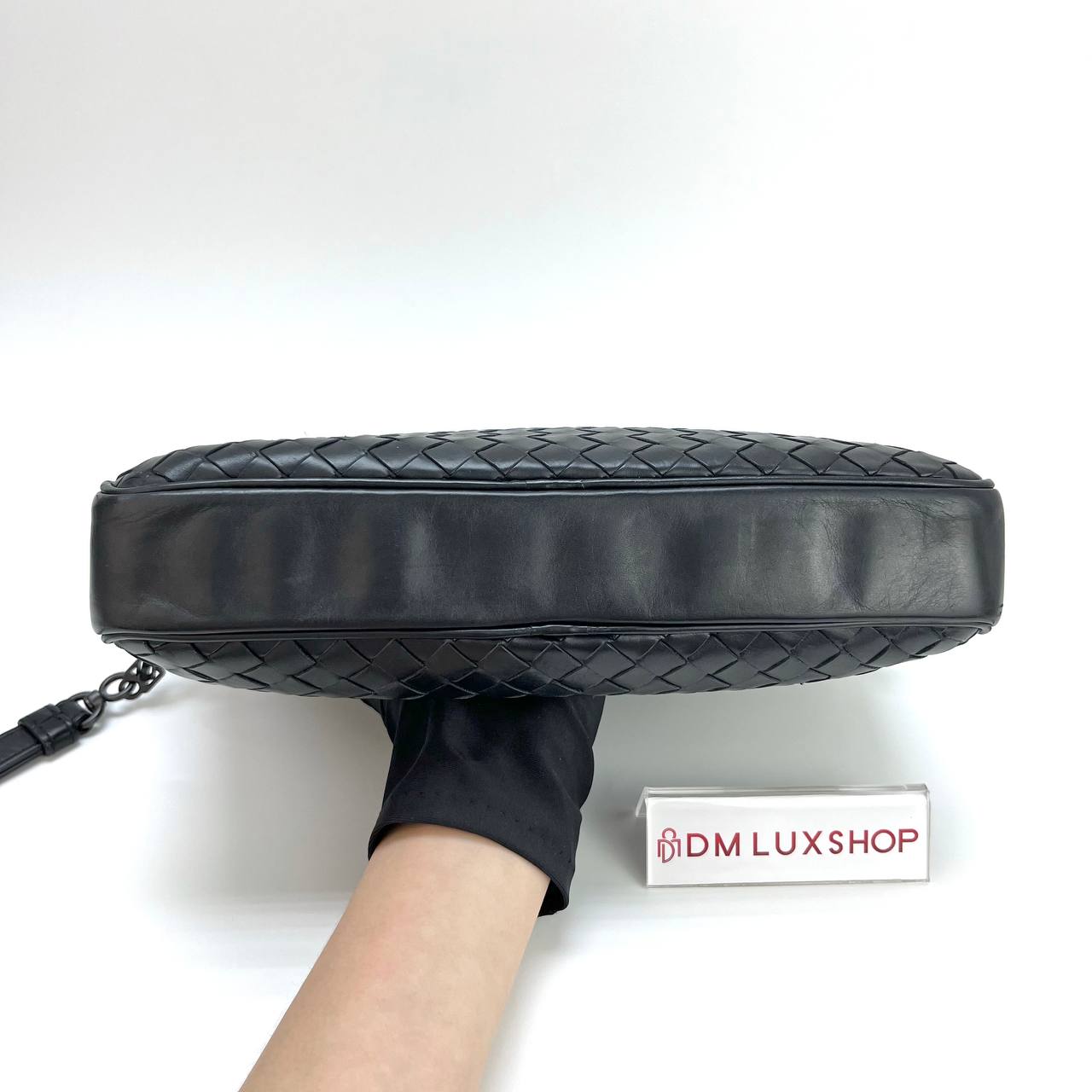 BV Black Intrecciato Woven Clutch w/ Strap