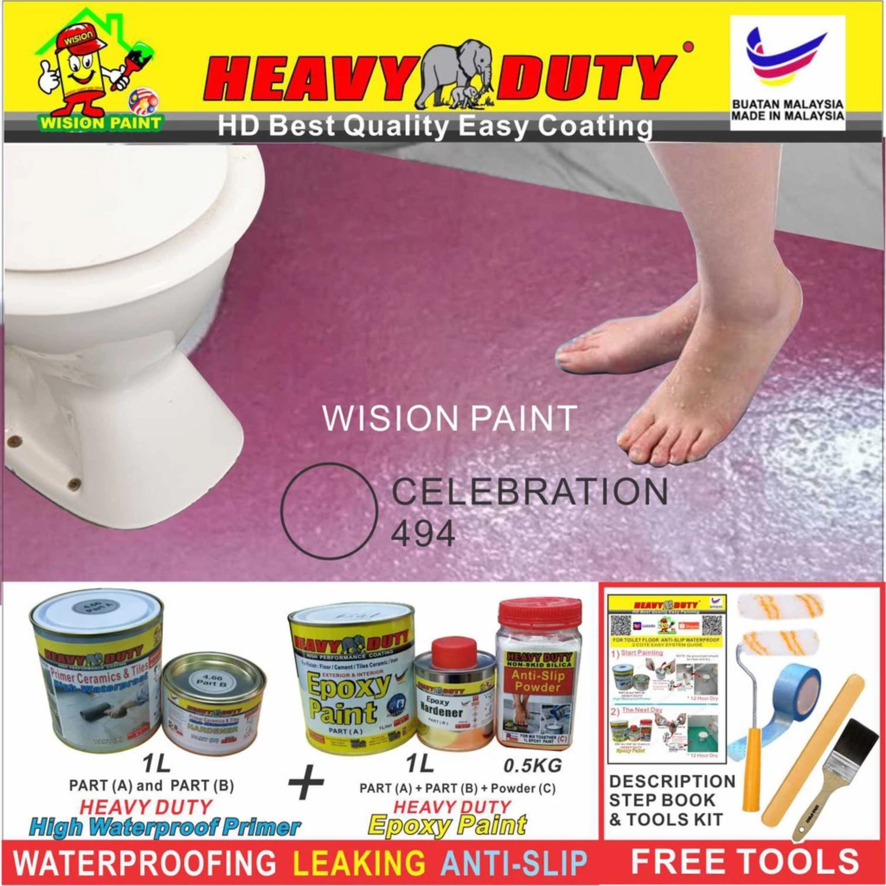 FULL SET (HEAVY DUTY BRAND) Floor Coating (Free Paint Tool Set) 1L Tile Primer + 1L Epoxy Colour + 0.5kg Non-skid Silic