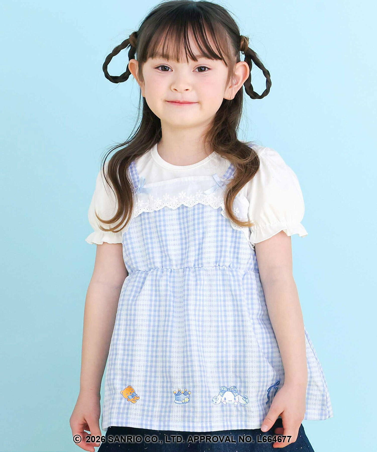 🇯🇵預訂 日本直送🇯🇵Slap Slip x Sanrio系列兩色人物刺繡格紋蕾絲吊帶背心+泡泡袖印花T恤套裝