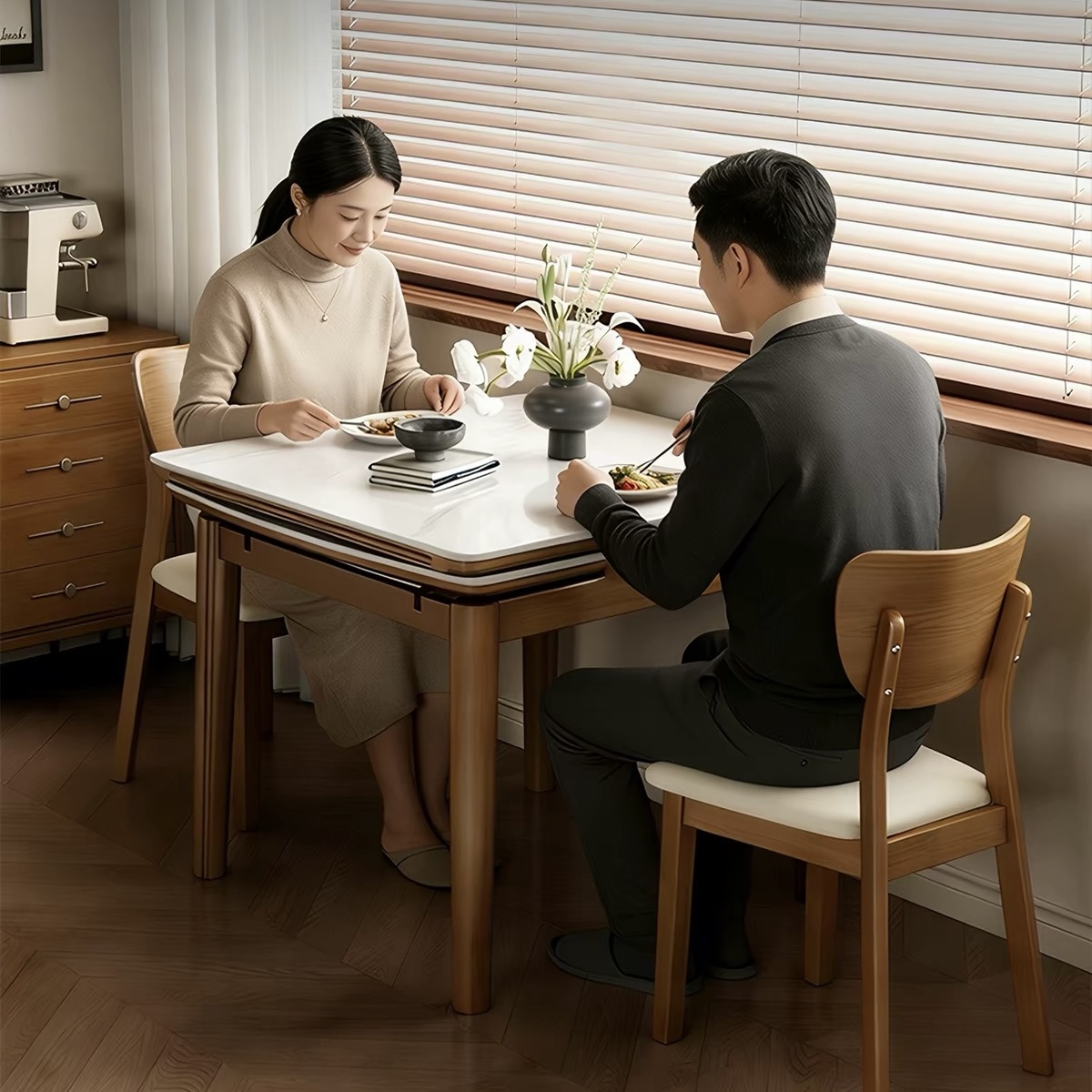 實木岩板餐枱 簡約現代 細單位專用 可伸縮摺疊長方形食飯枱 Dining table