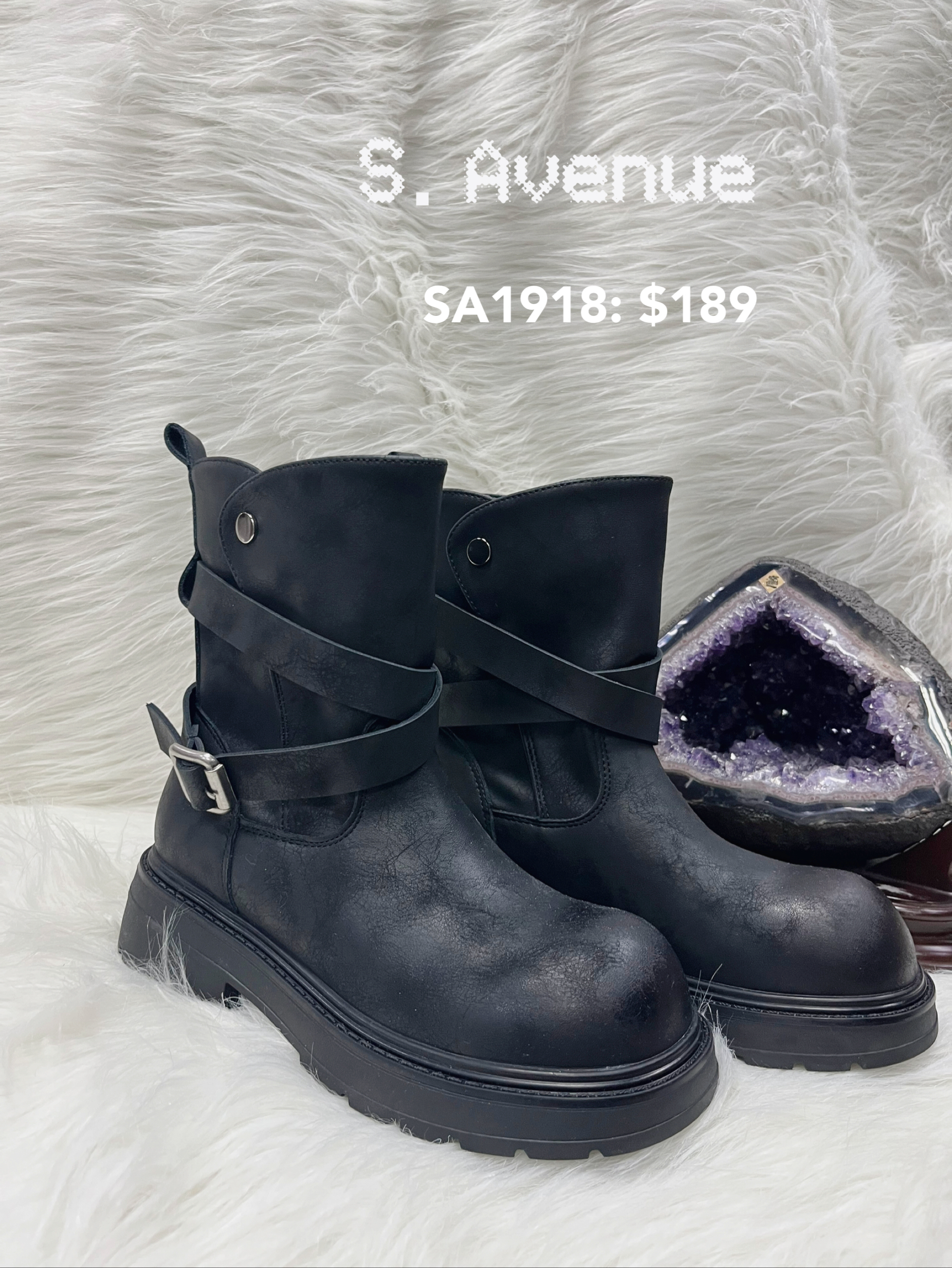 SA1916:  圓頭交叉帶仿皮厚底boot