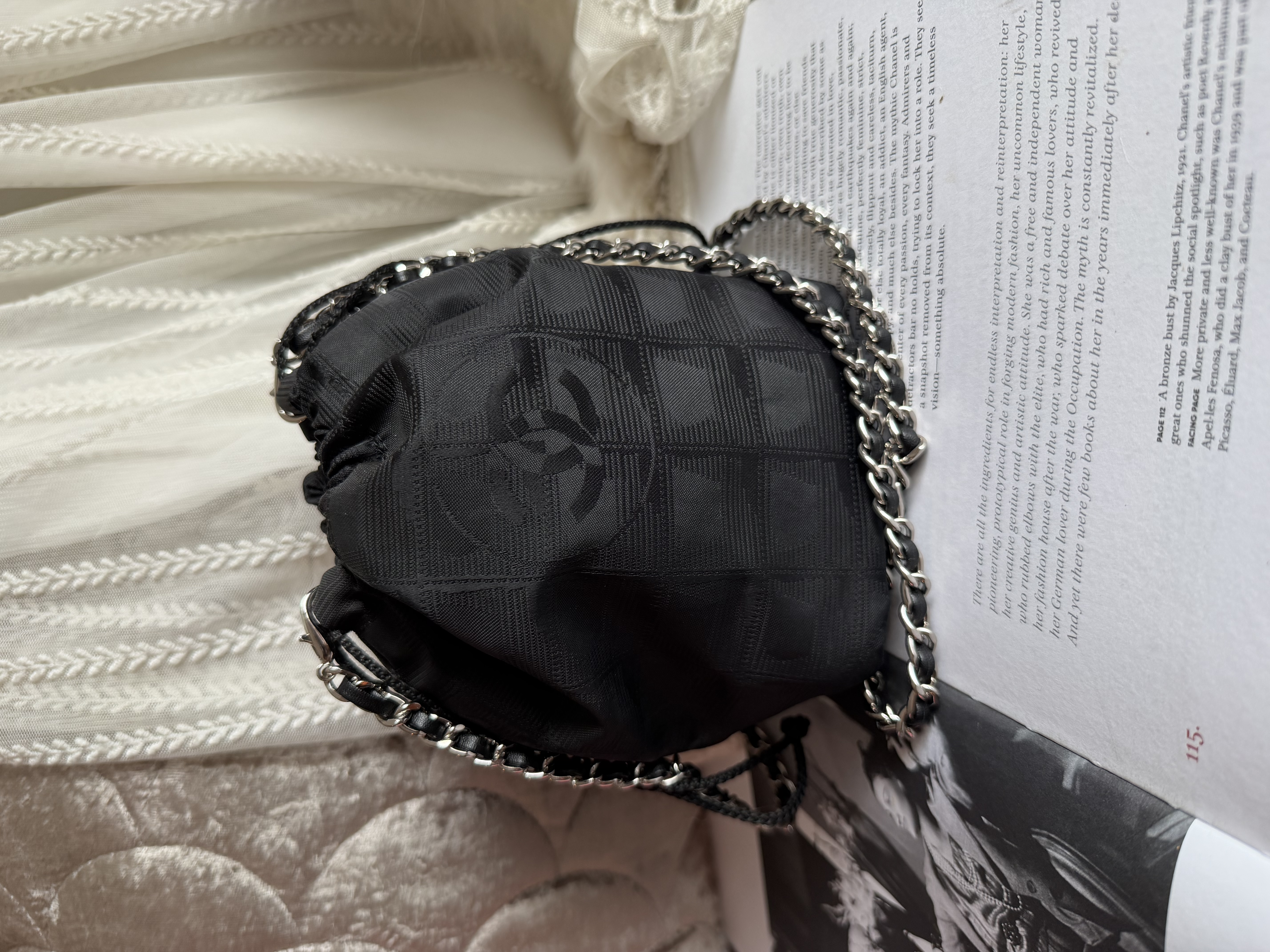 vintage chanel black drawstring vanity bag 