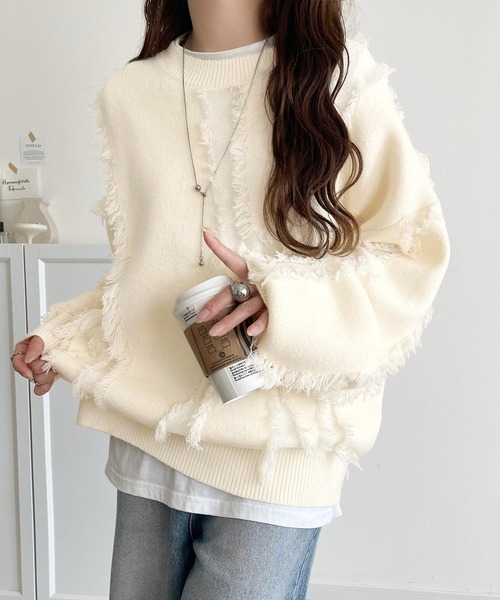 不規則流蘇拼色針織上衣【JT019】