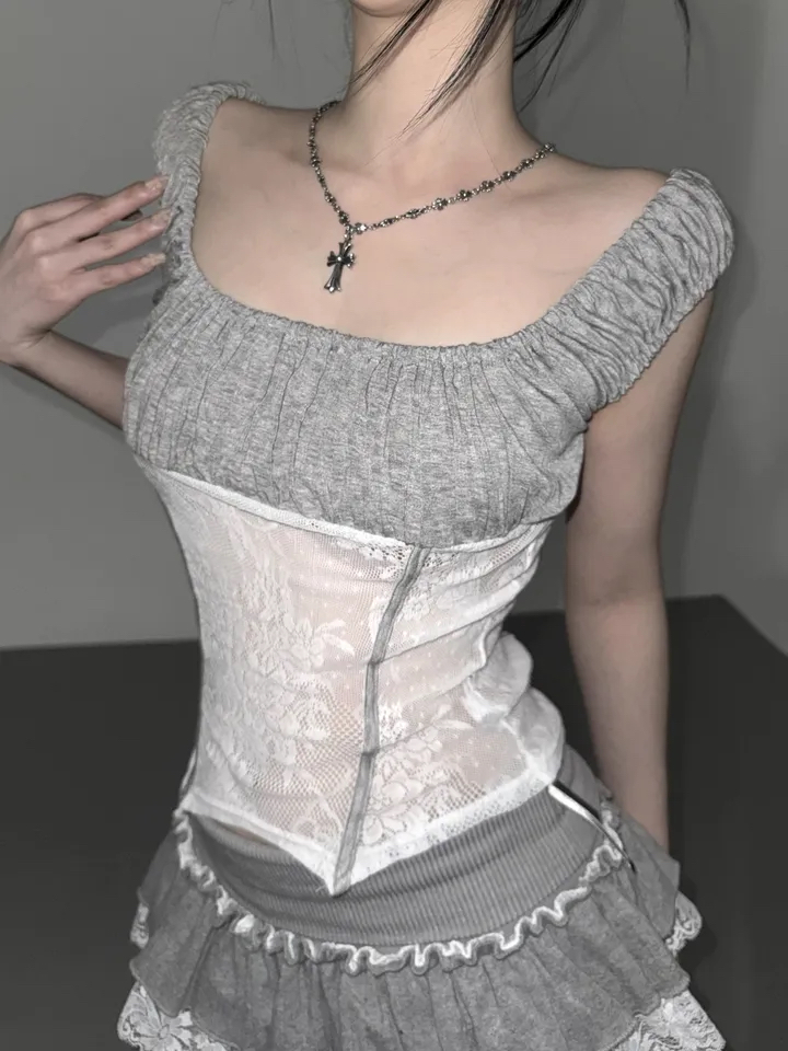 Ruched Sheer Lace Panel Corset Top