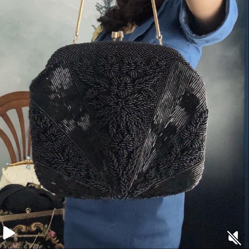 C.a. 1960s "Created by Mr John" Made in Hong Kong Floral Black Bead Bag (MT2501)