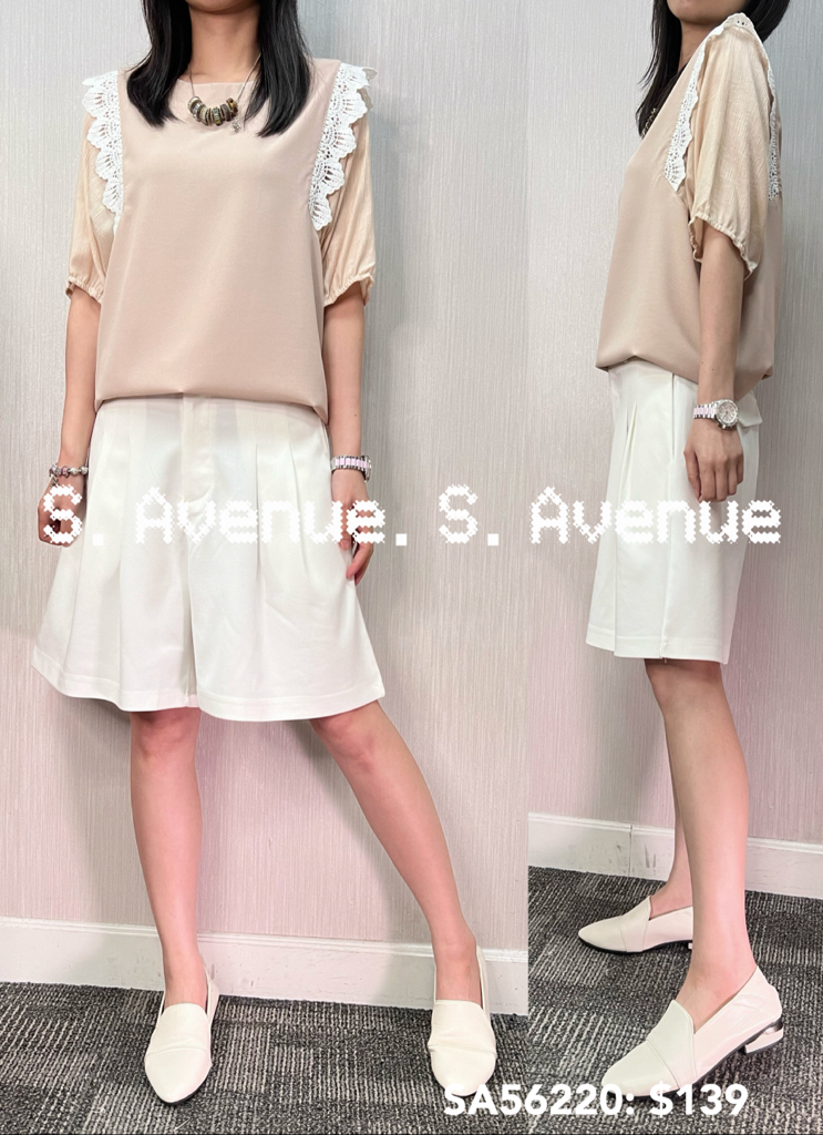 SA56220: 小蝙蝠領側lace邊雪紡top